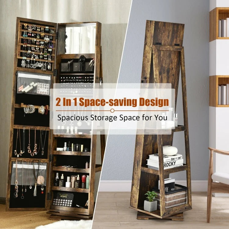 360 Degree Rotating Jewelry Armoire with Lockable Storage and Full Length Mirror in Rustic Brown