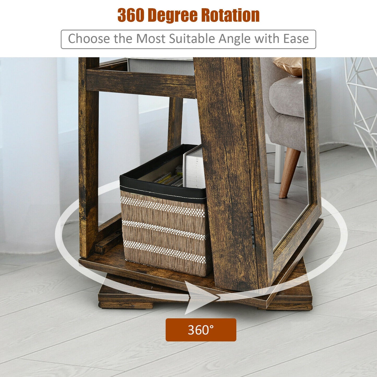 360 Degree Rotating Jewelry Armoire with Lockable Storage and Full Length Mirror in Rustic Brown