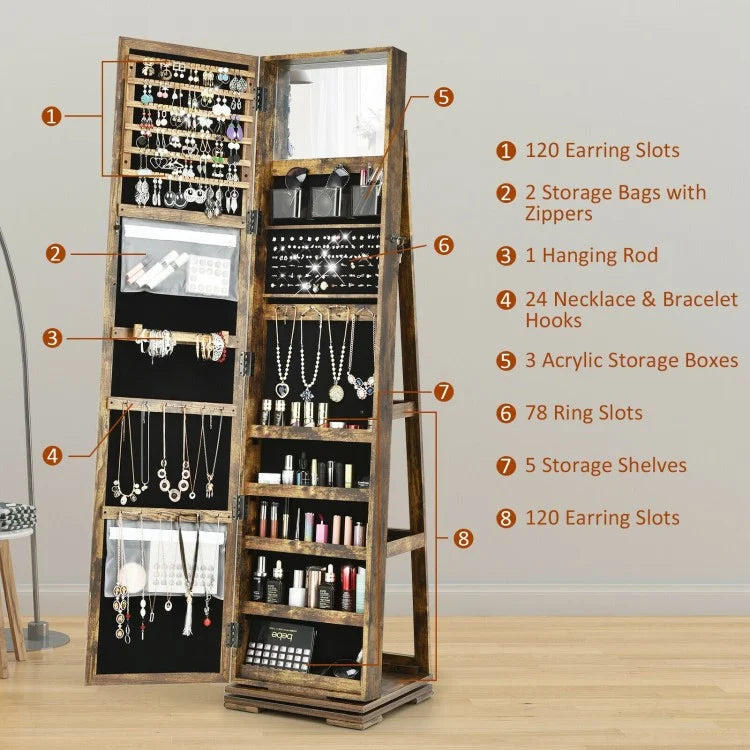 360 Degree Rotating Jewelry Armoire with Lockable Storage and Full Length Mirror in Rustic Brown