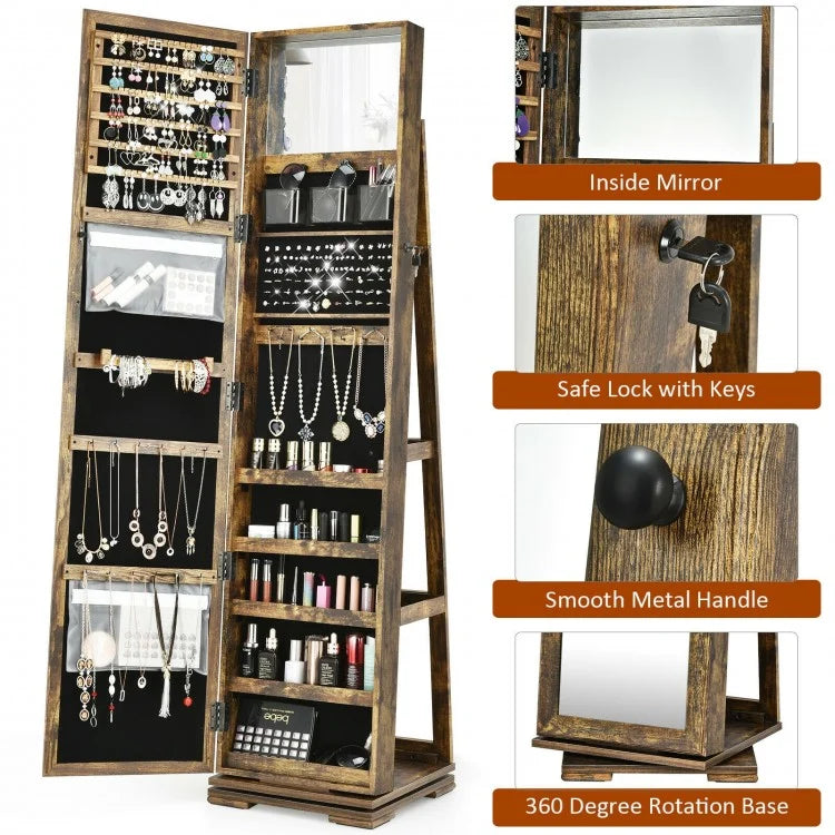 360 Degree Rotating Jewelry Armoire with Lockable Storage and Full Length Mirror in Rustic Brown