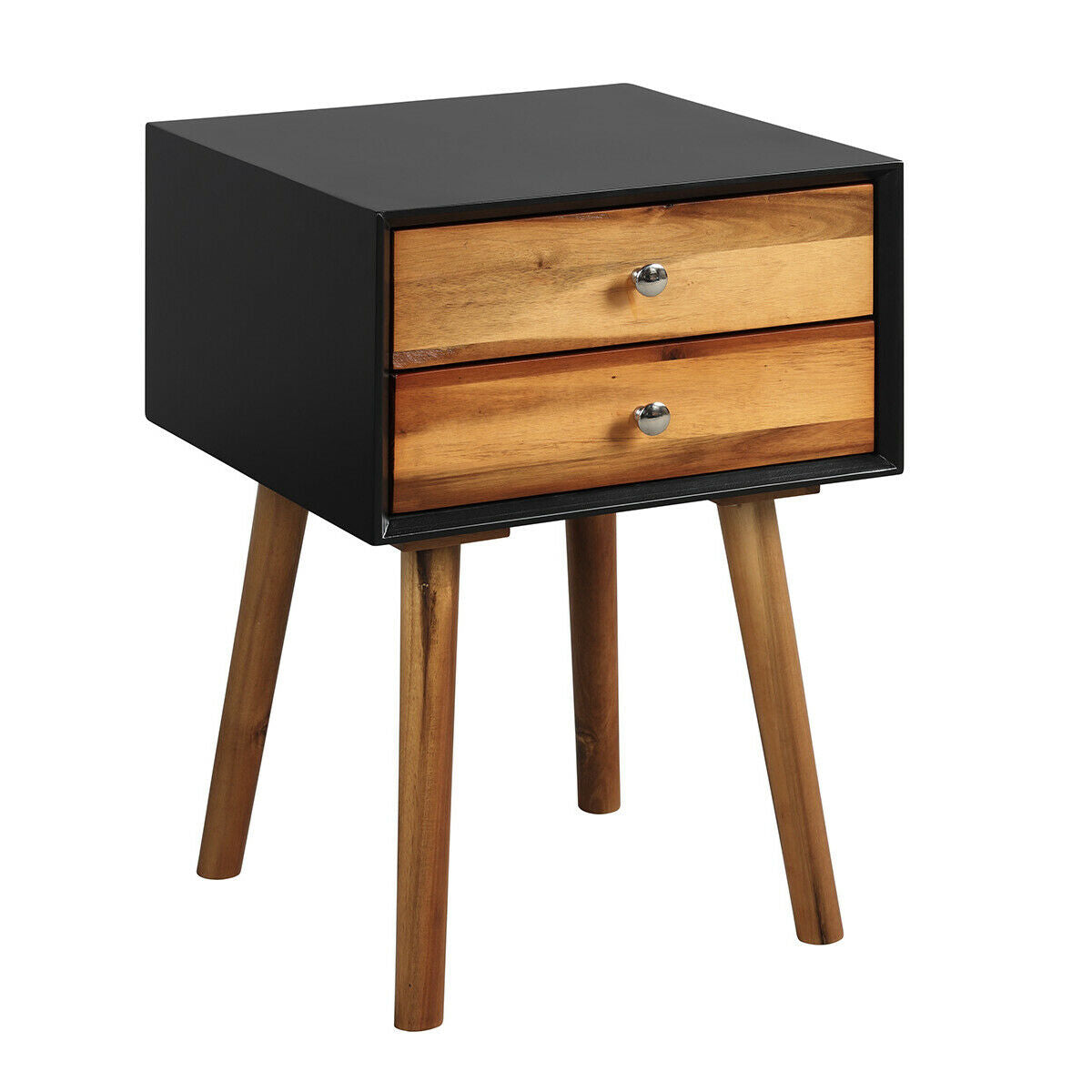 Mid Century Wooden Nightstand with Two Drawers - Black