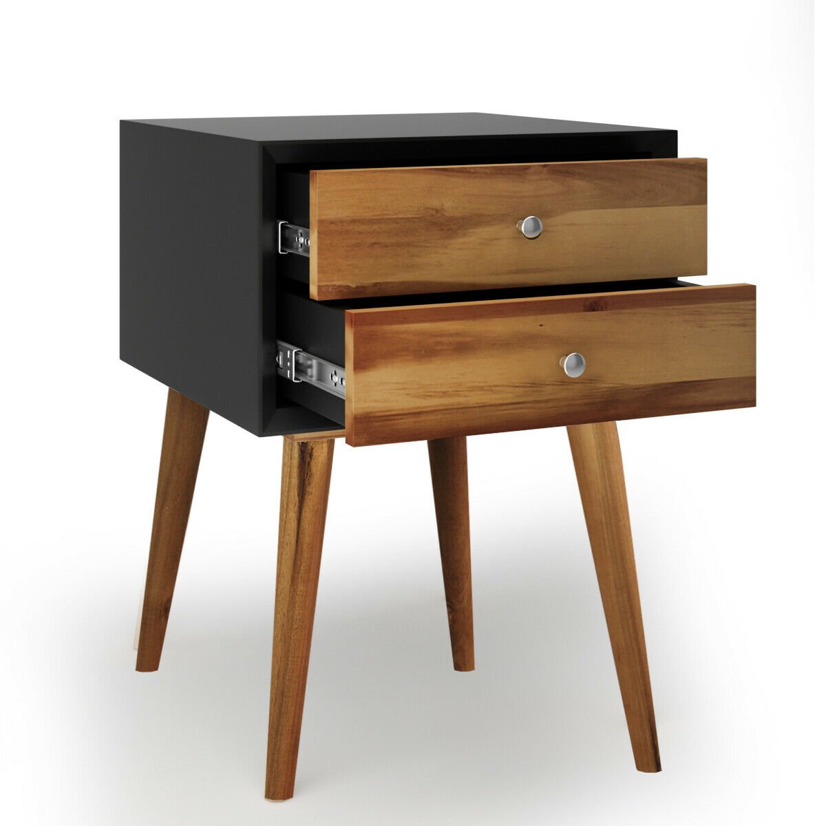 Mid Century Wooden Nightstand with Two Drawers - Black
