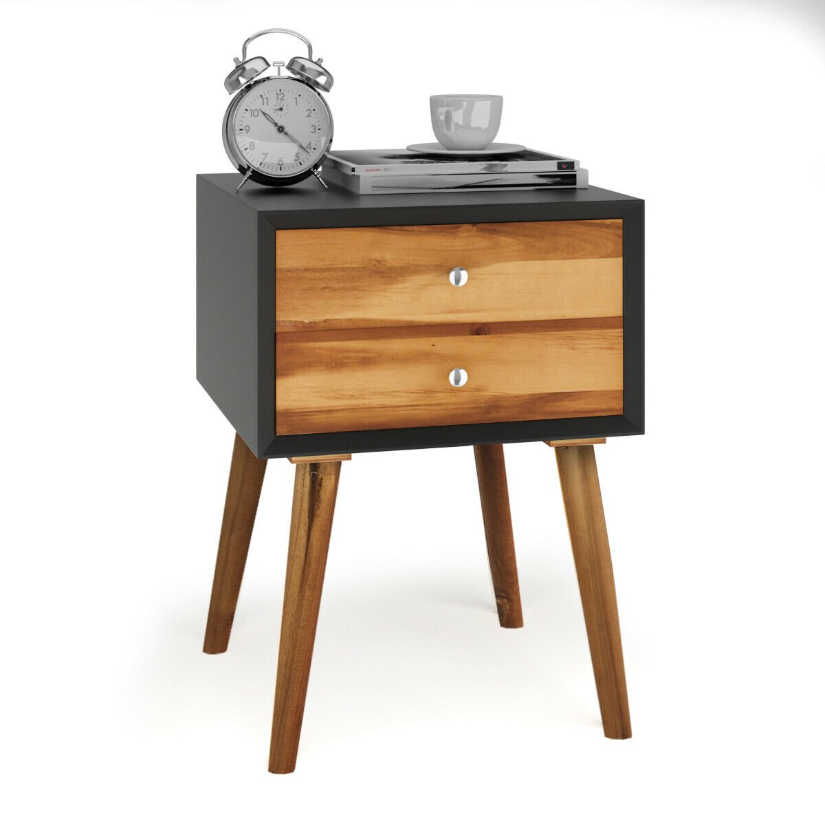 Mid Century Wooden Nightstand with Two Drawers - Black