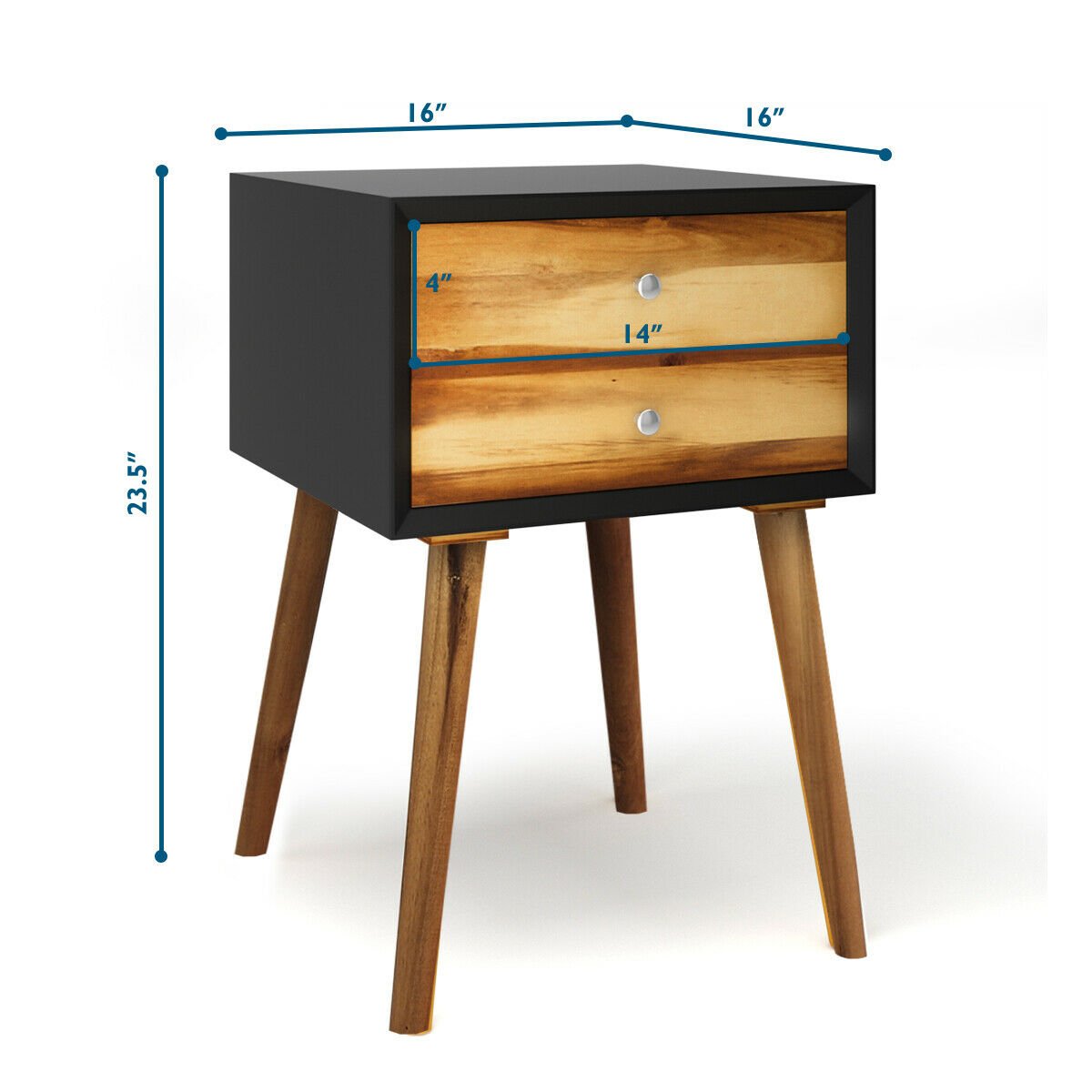 Mid Century Wooden Nightstand with Two Drawers - Black