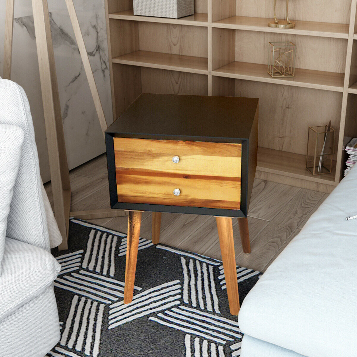 Mid Century Wooden Nightstand with Two Drawers - Black