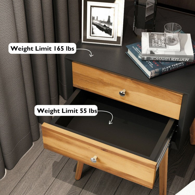 Mid Century Wooden Nightstand with Two Drawers - Black