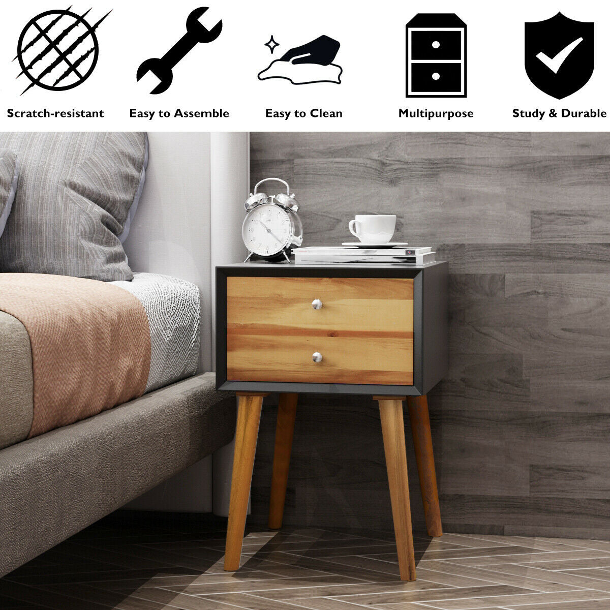 Mid Century Wooden Nightstand with Two Drawers - Black