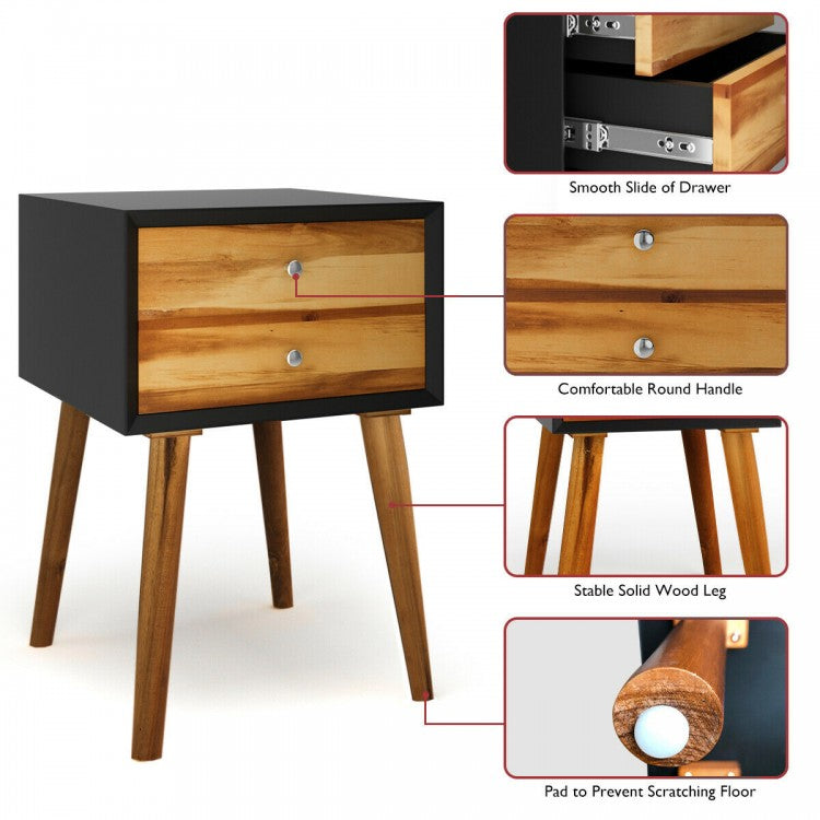 Mid Century Wooden Nightstand with Two Drawers - Black