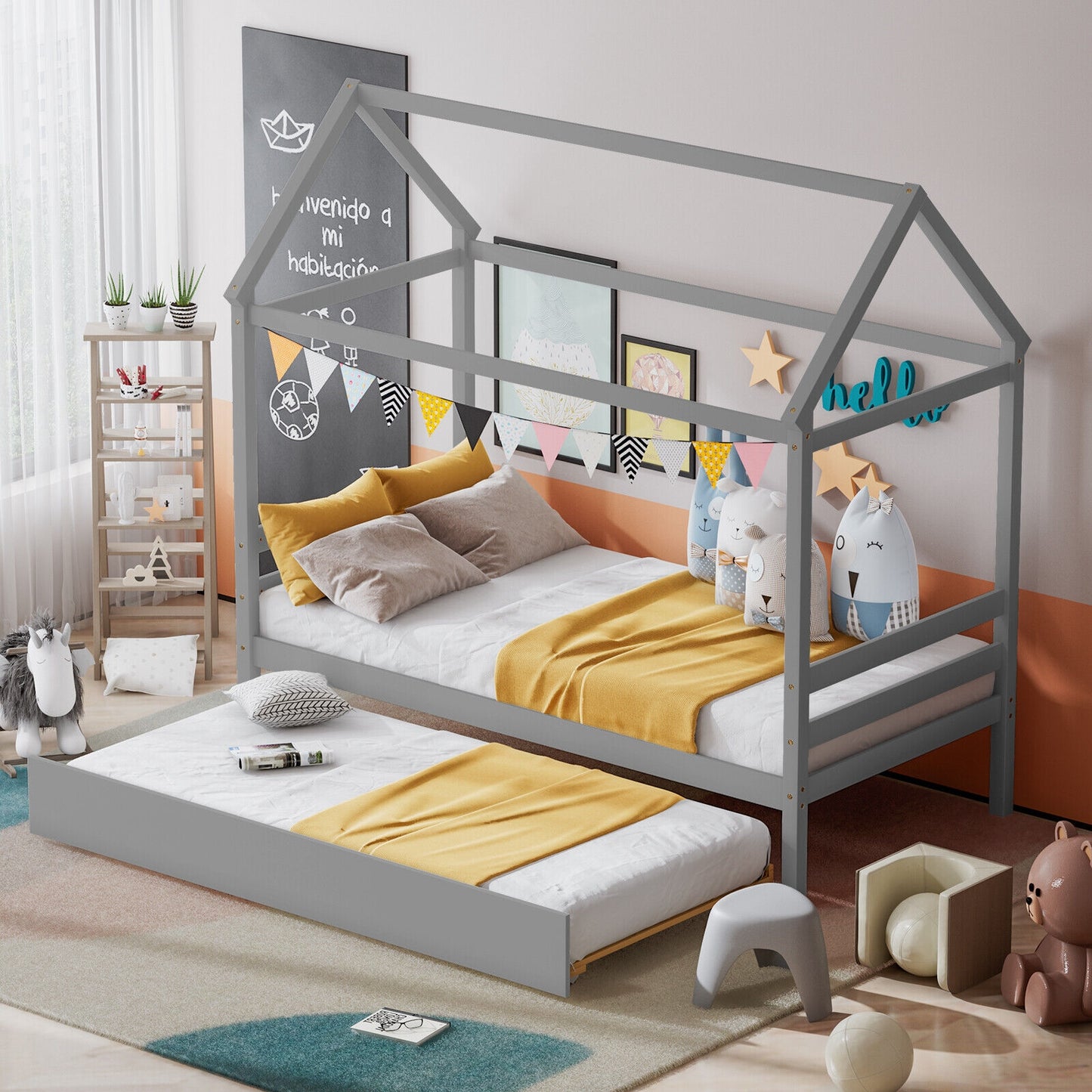 Wooden House Frame Kids Platform Bed with Trundle and Playful Roof Design for Bedroom Grey