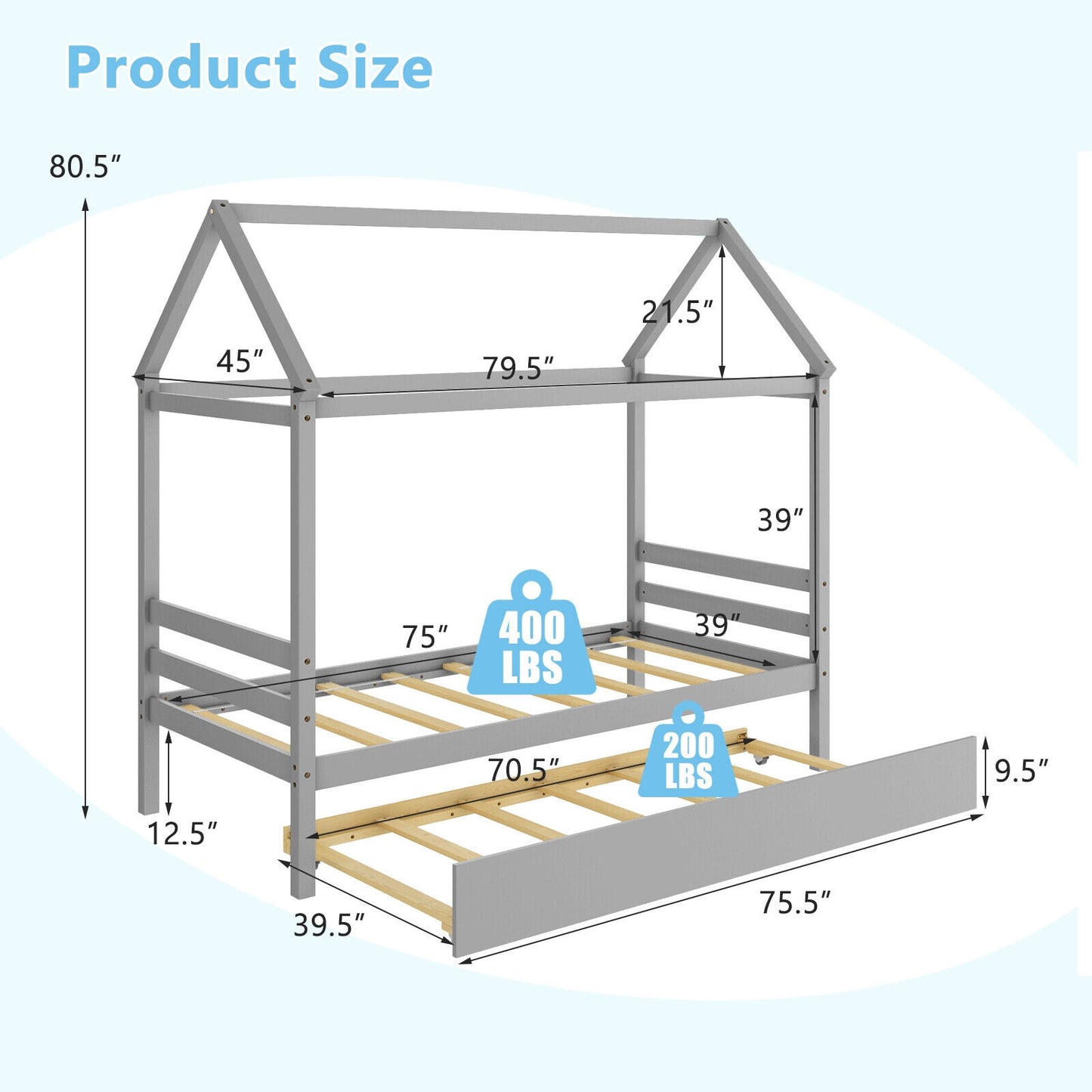 Wooden House Frame Kids Platform Bed with Trundle and Playful Roof Design for Bedroom Grey