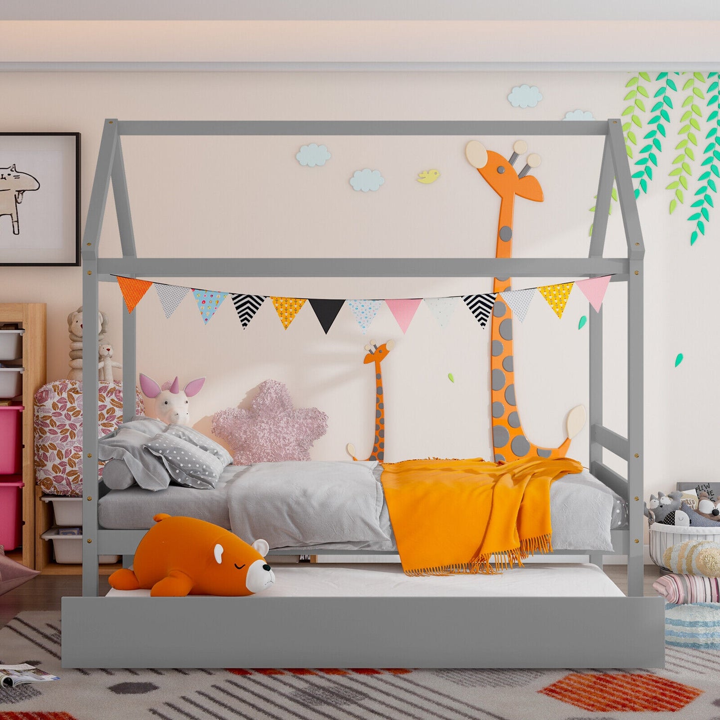 Wooden House Frame Kids Platform Bed with Trundle and Playful Roof Design for Bedroom Grey