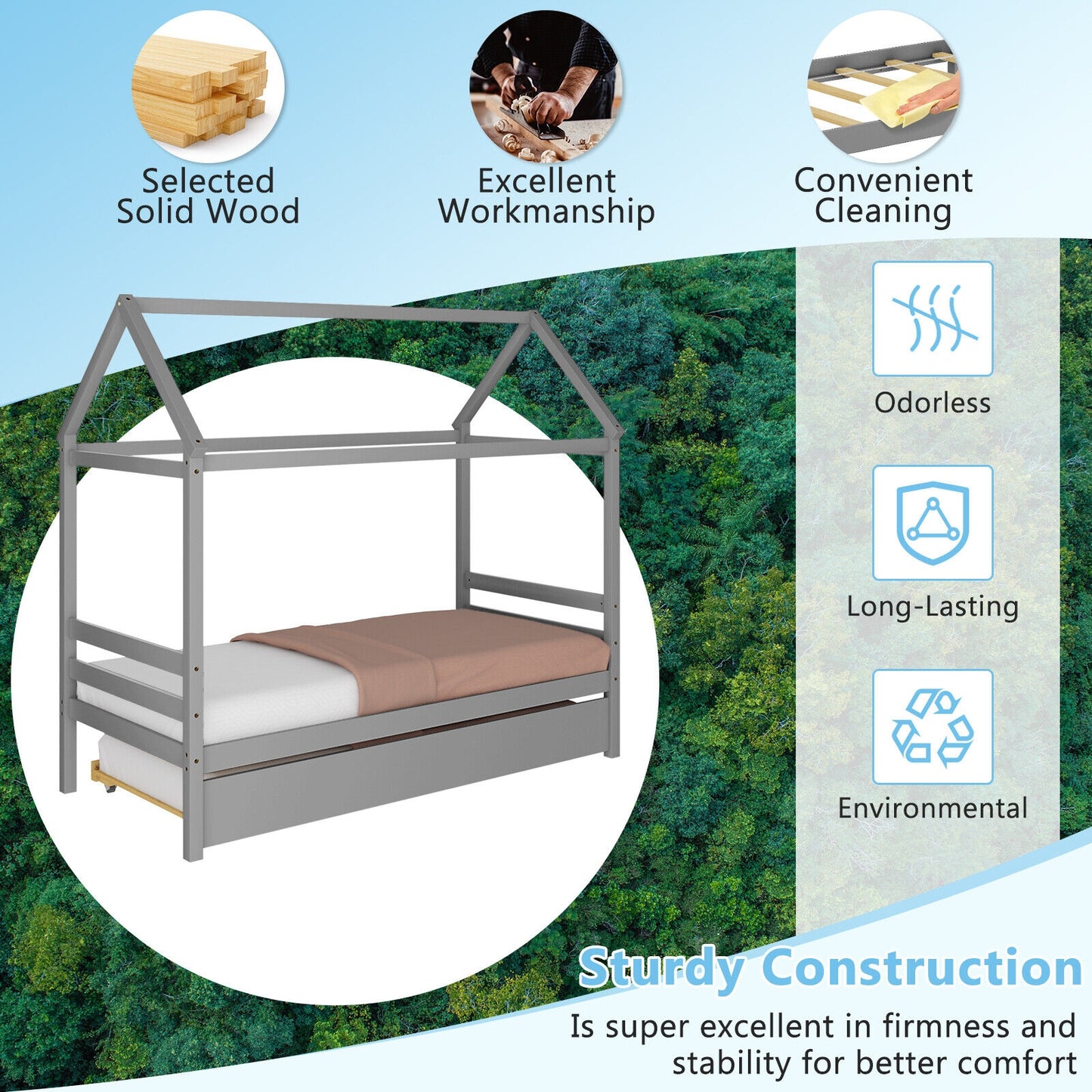 Wooden House Frame Kids Platform Bed with Trundle and Playful Roof Design for Bedroom Grey