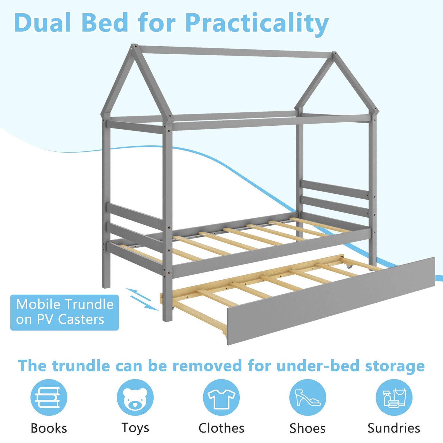 Wooden House Frame Kids Platform Bed with Trundle and Playful Roof Design for Bedroom Grey