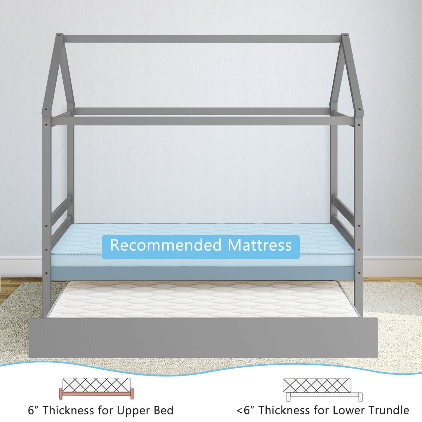 Wooden House Frame Kids Platform Bed with Trundle and Playful Roof Design for Bedroom Grey