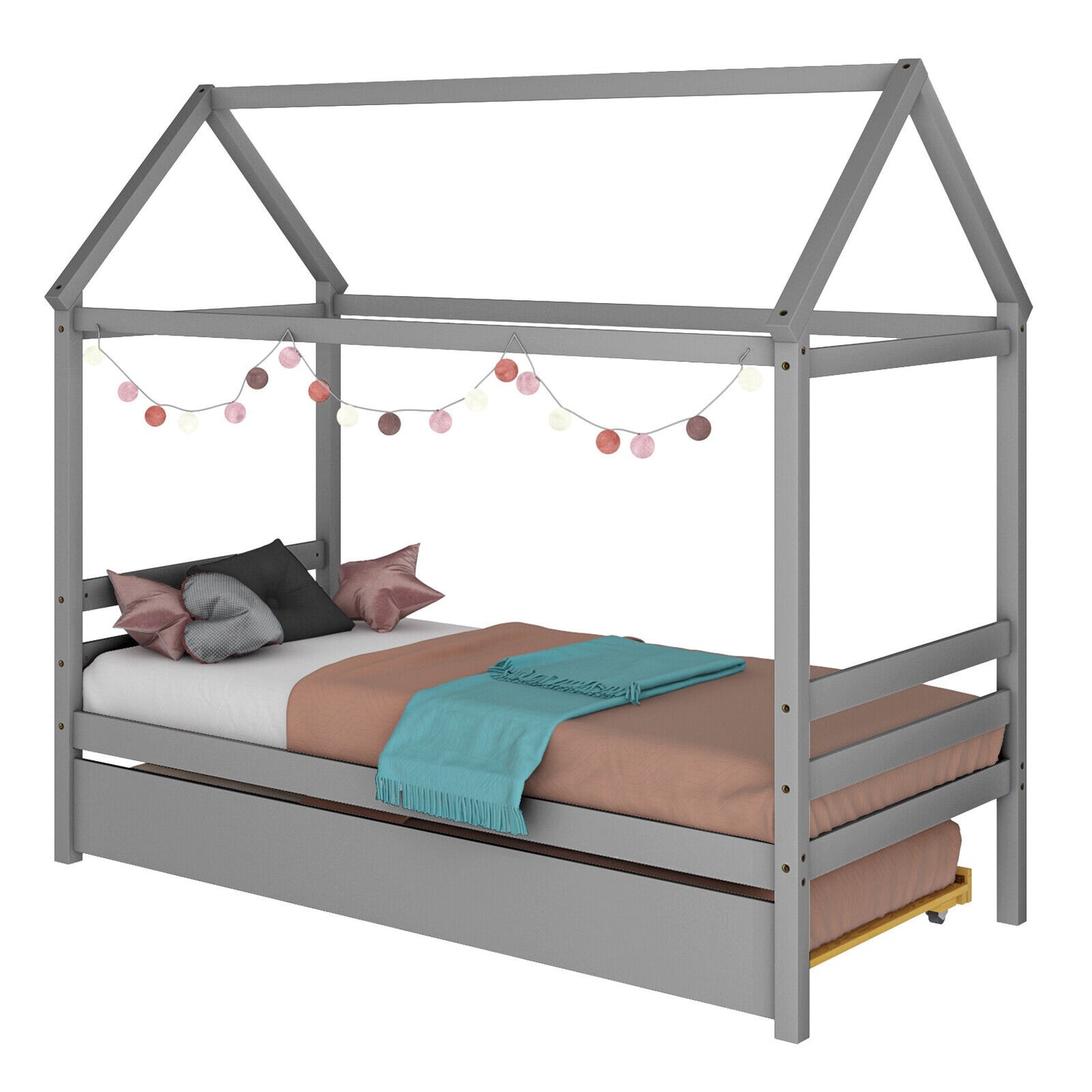 Wooden House Frame Kids Platform Bed with Trundle and Playful Roof Design for Bedroom Grey