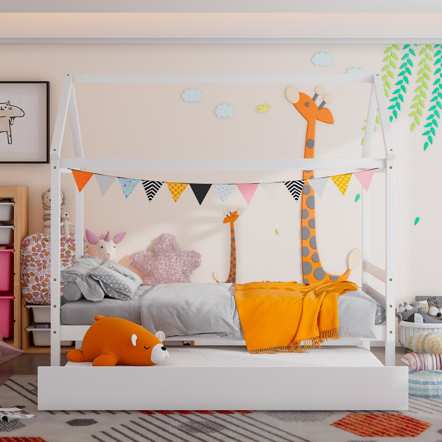 Wooden House Frame Kids Platform Bed with Trundle and Playful Roof Design for Bedroom White