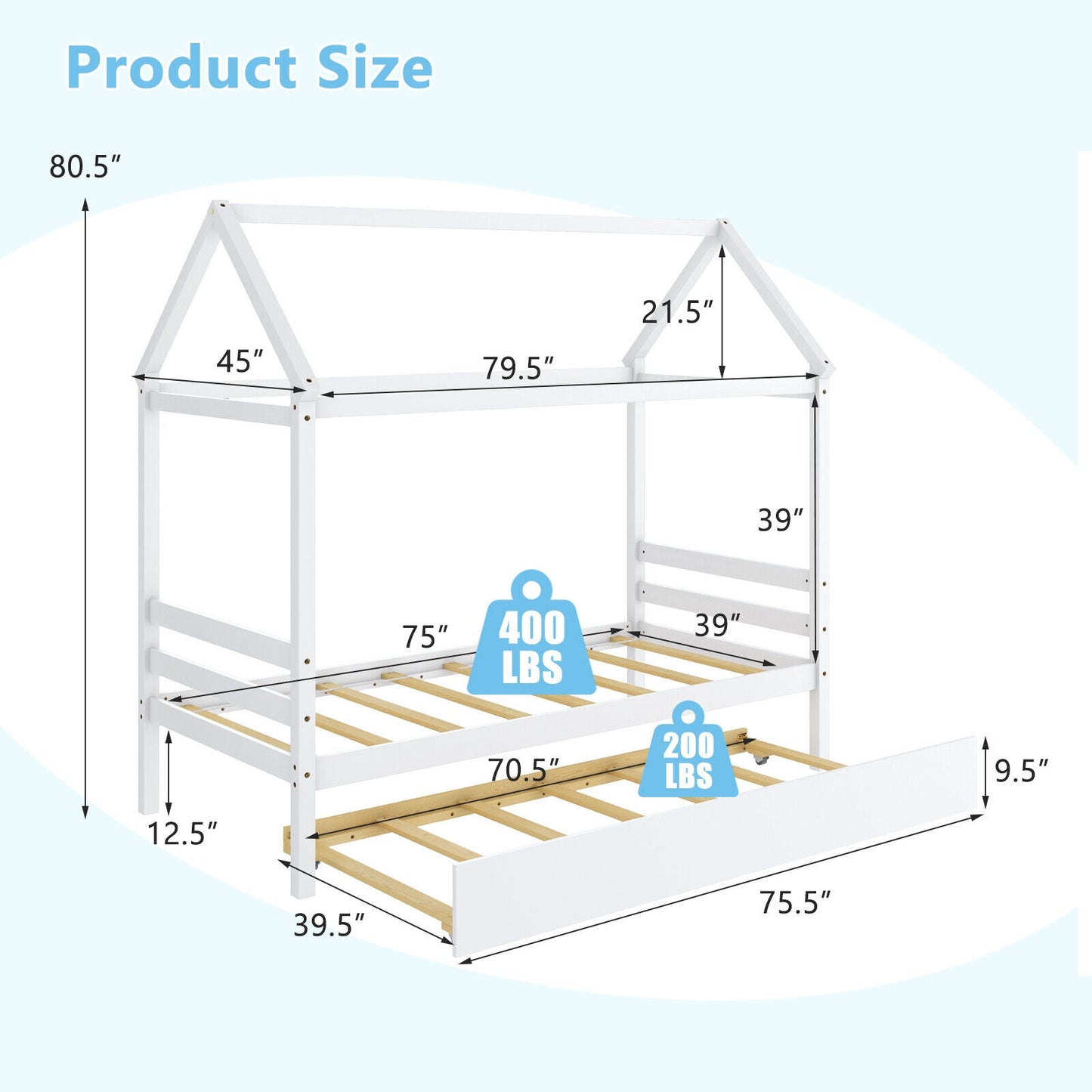 Wooden House Frame Kids Platform Bed with Trundle and Playful Roof Design for Bedroom White