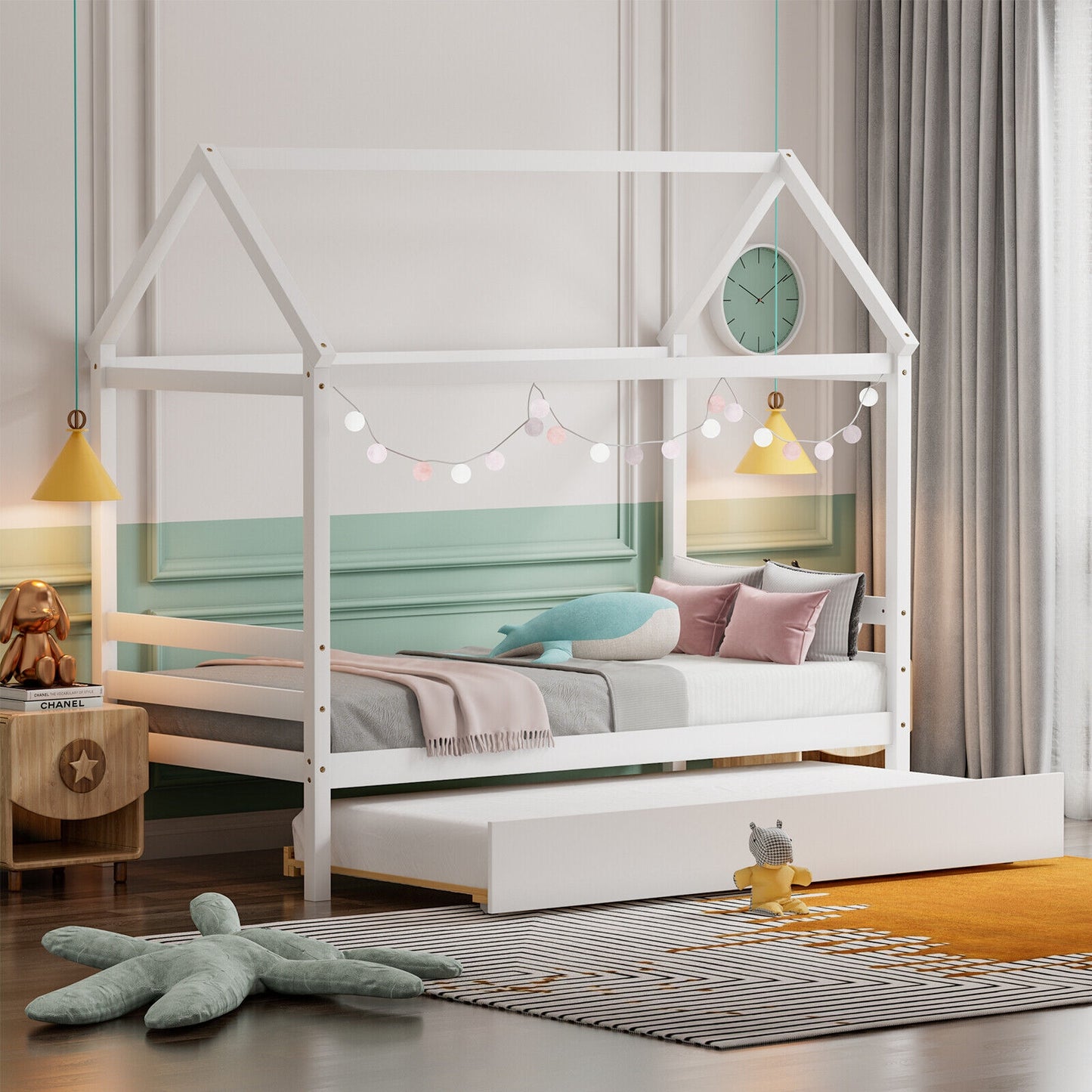 Wooden House Frame Kids Platform Bed with Trundle and Playful Roof Design for Bedroom White