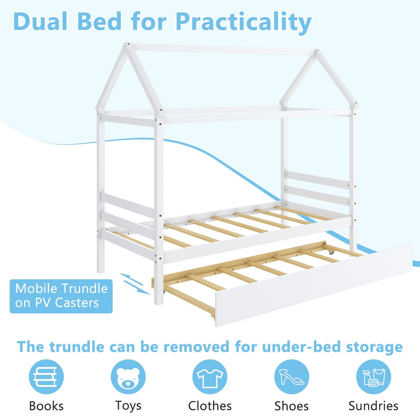 Wooden House Frame Kids Platform Bed with Trundle and Playful Roof Design for Bedroom White