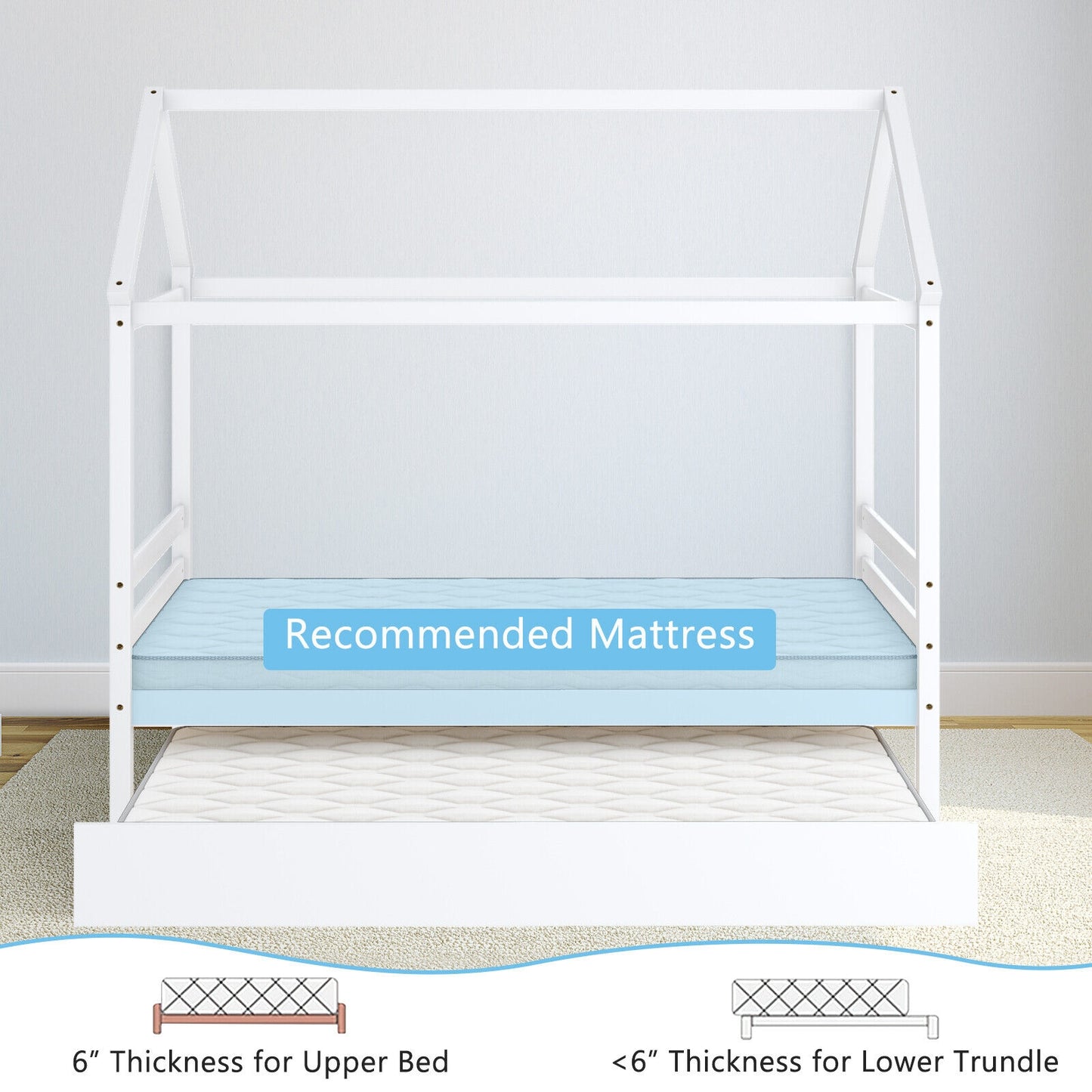 Wooden House Frame Kids Platform Bed with Trundle and Playful Roof Design for Bedroom White