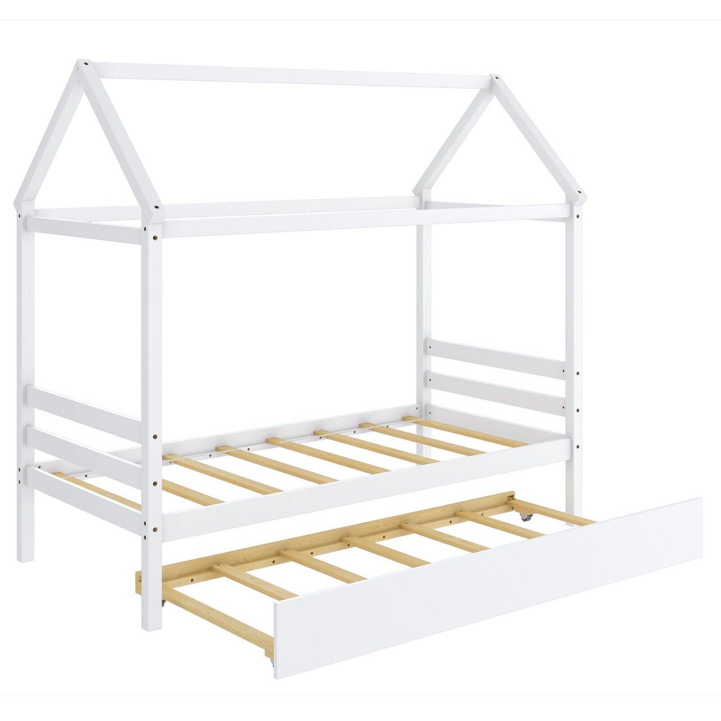 Wooden House Frame Kids Platform Bed with Trundle and Playful Roof Design for Bedroom White
