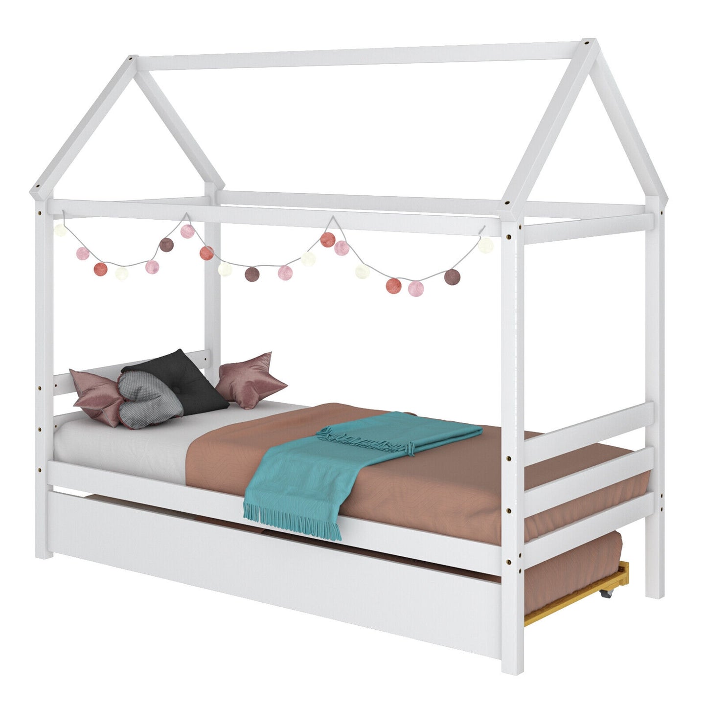 Wooden House Frame Kids Platform Bed with Trundle and Playful Roof Design for Bedroom White