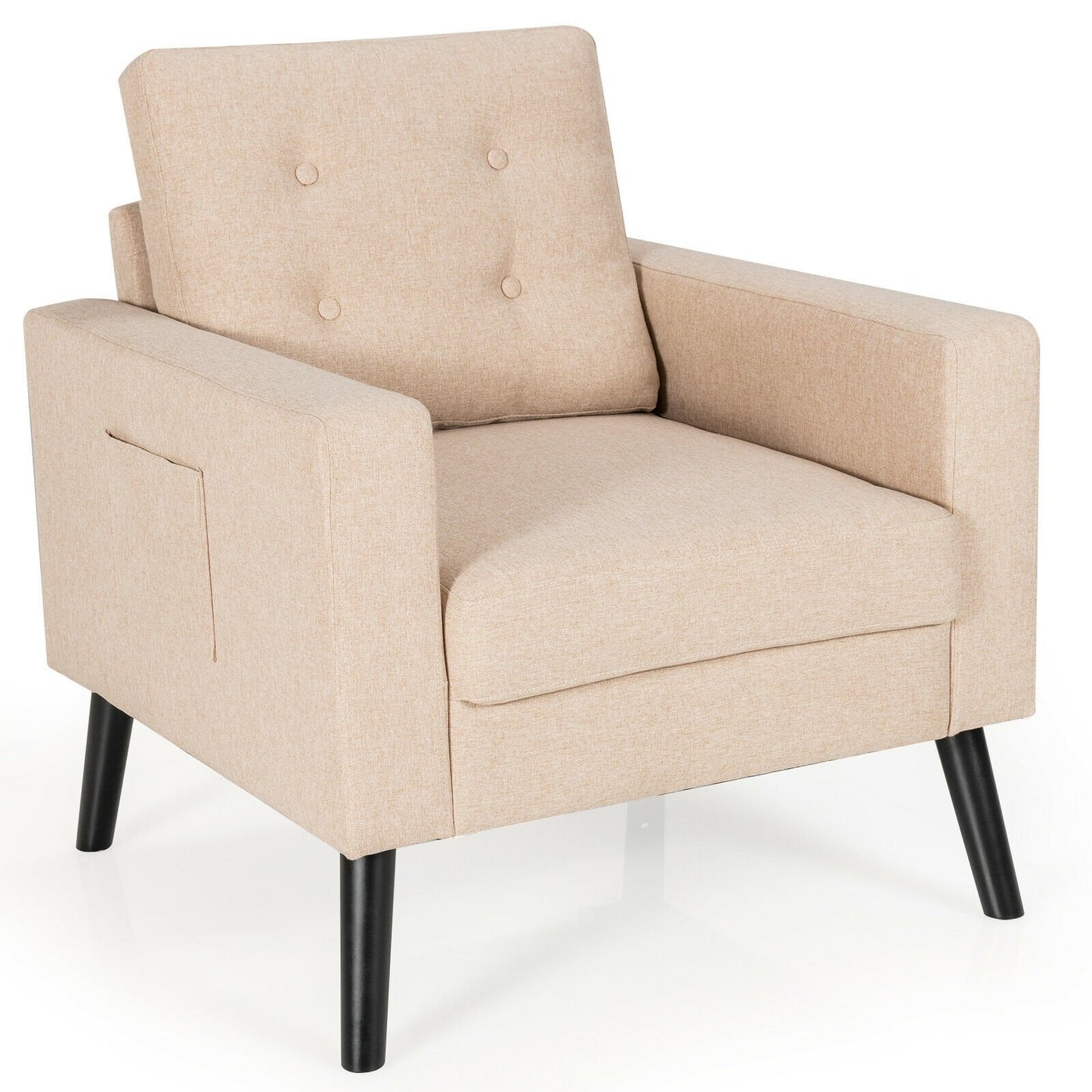 Mid Century Fabric Armchair with Button Tufted Back and Wood Legs Beige