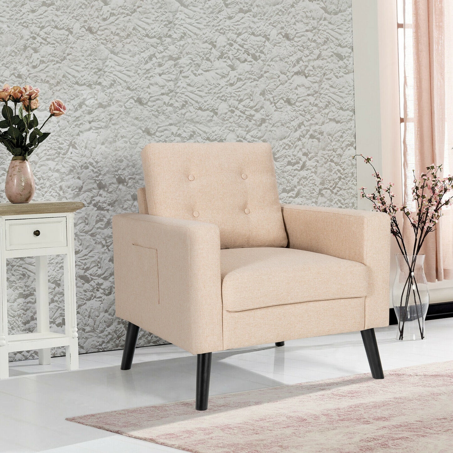 Mid Century Fabric Armchair with Button Tufted Back and Wood Legs Beige
