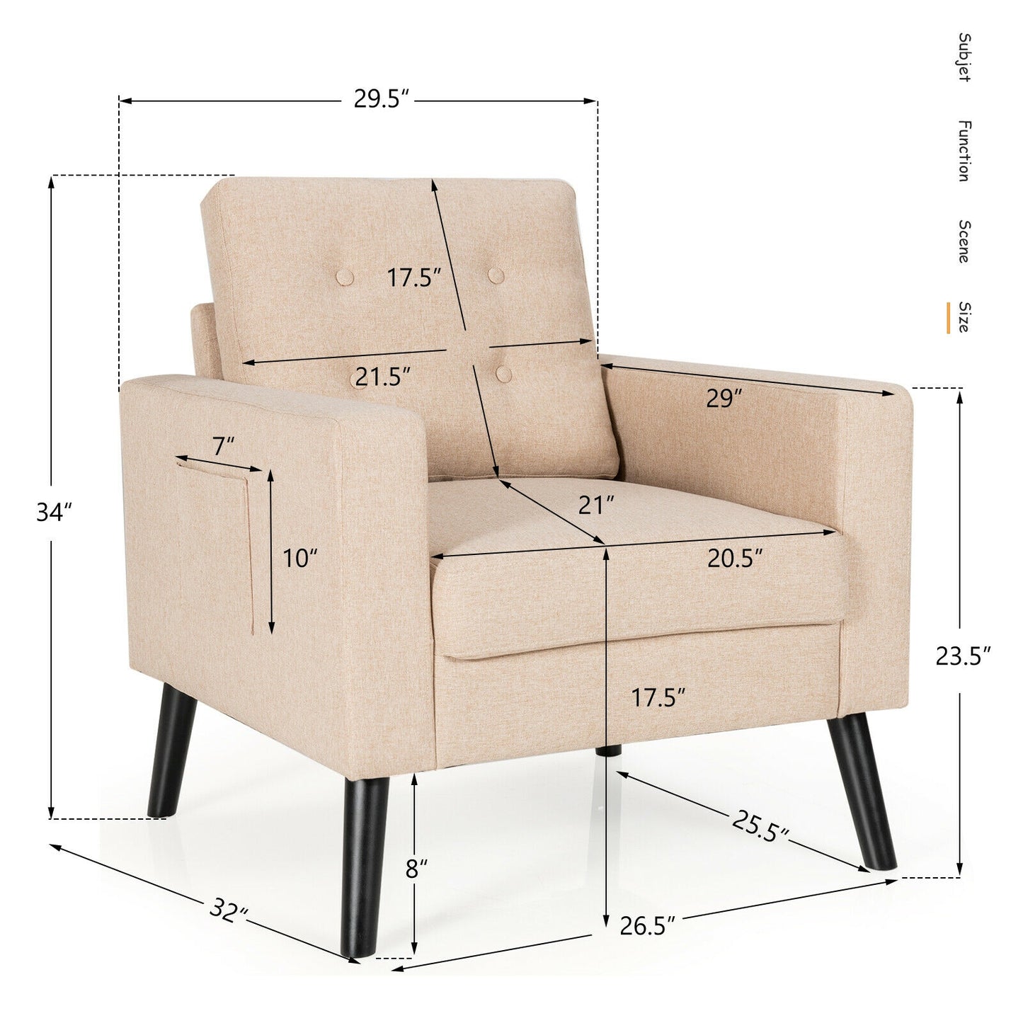 Mid Century Fabric Armchair with Button Tufted Back and Wood Legs Beige