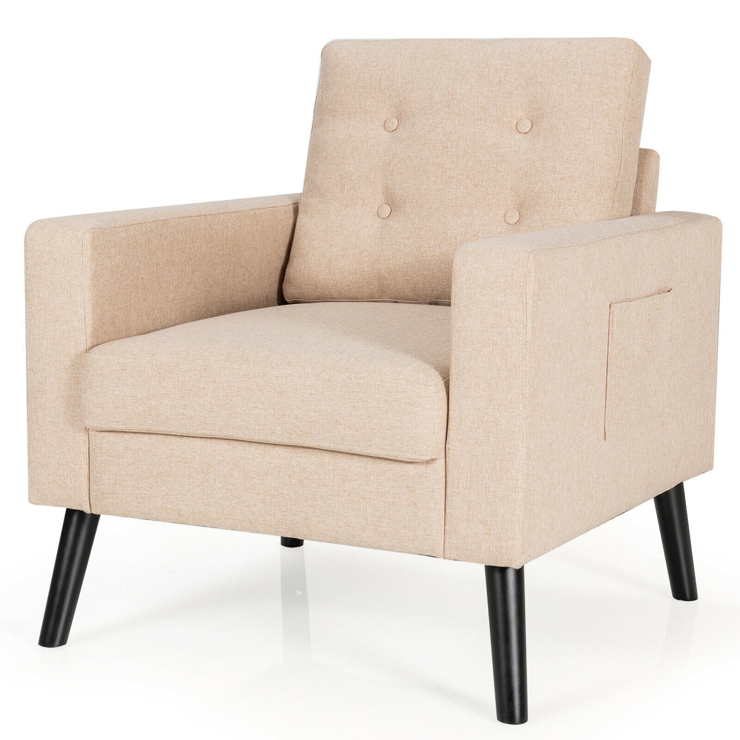 Mid Century Fabric Armchair with Button Tufted Back and Wood Legs Beige