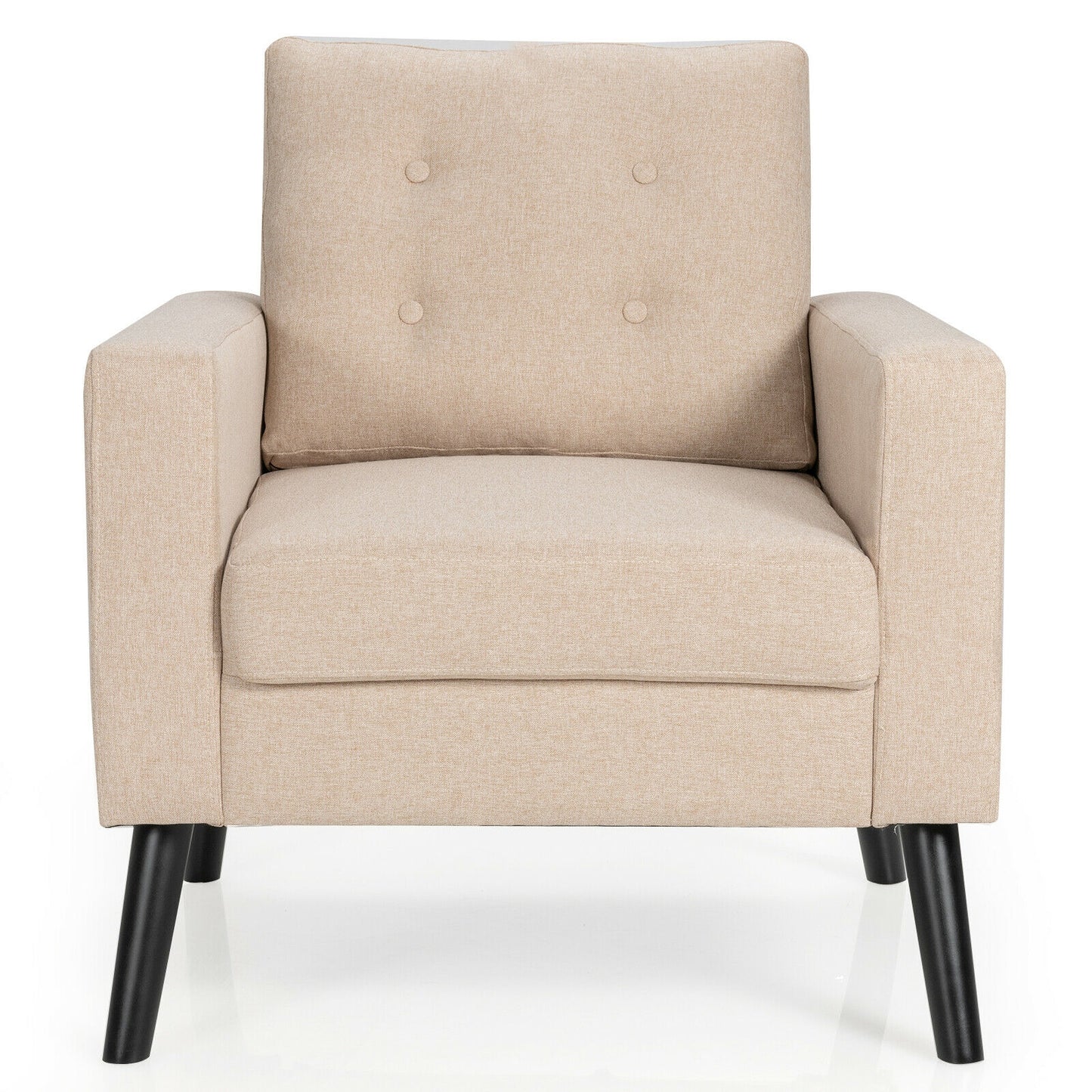 Mid Century Fabric Armchair with Button Tufted Back and Wood Legs Beige