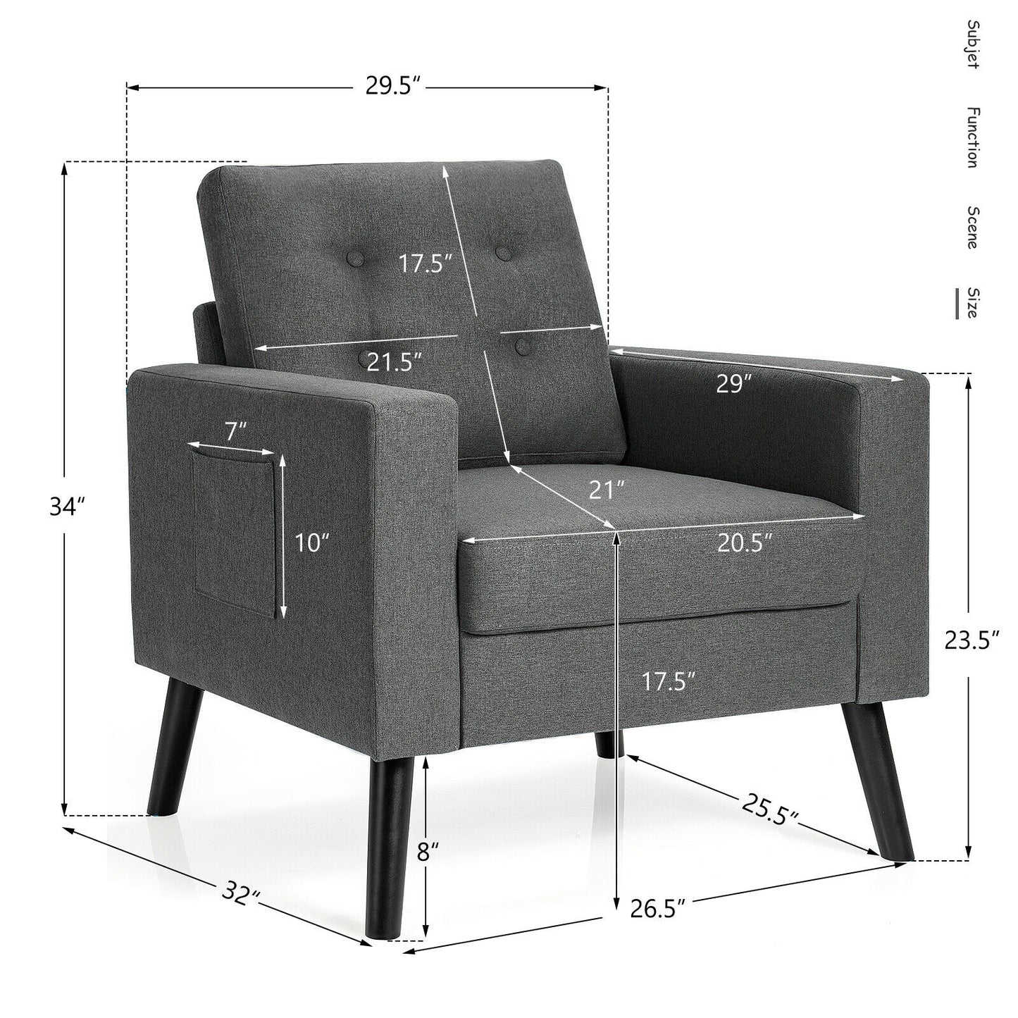 Mid Century Fabric Armchair with Button Tufted Back and Wood Legs Grey