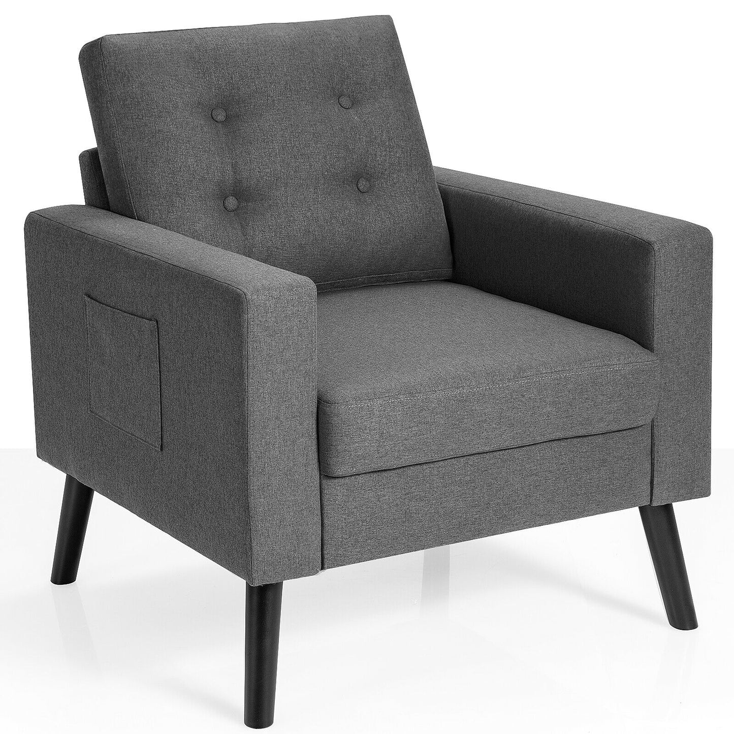 Mid Century Fabric Armchair with Button Tufted Back and Wood Legs Grey