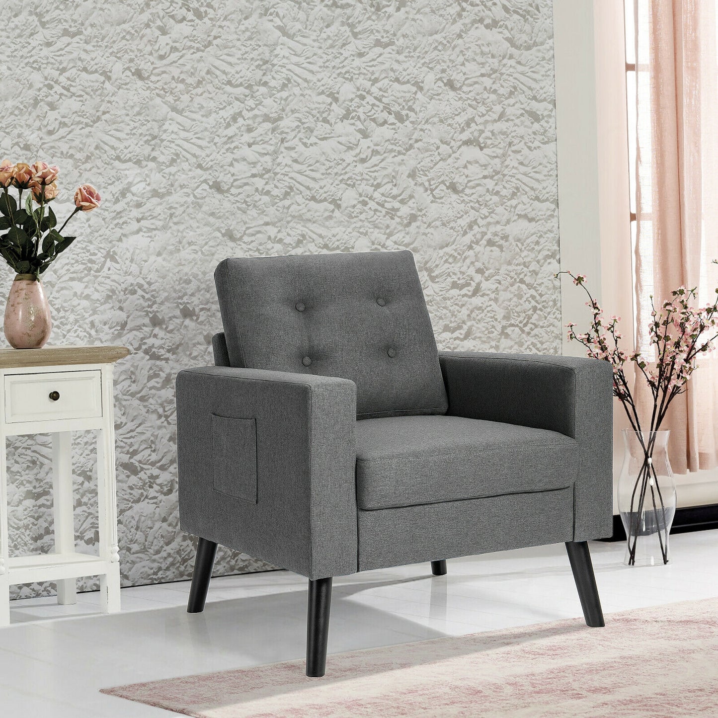 Mid Century Fabric Armchair with Button Tufted Back and Wood Legs Grey