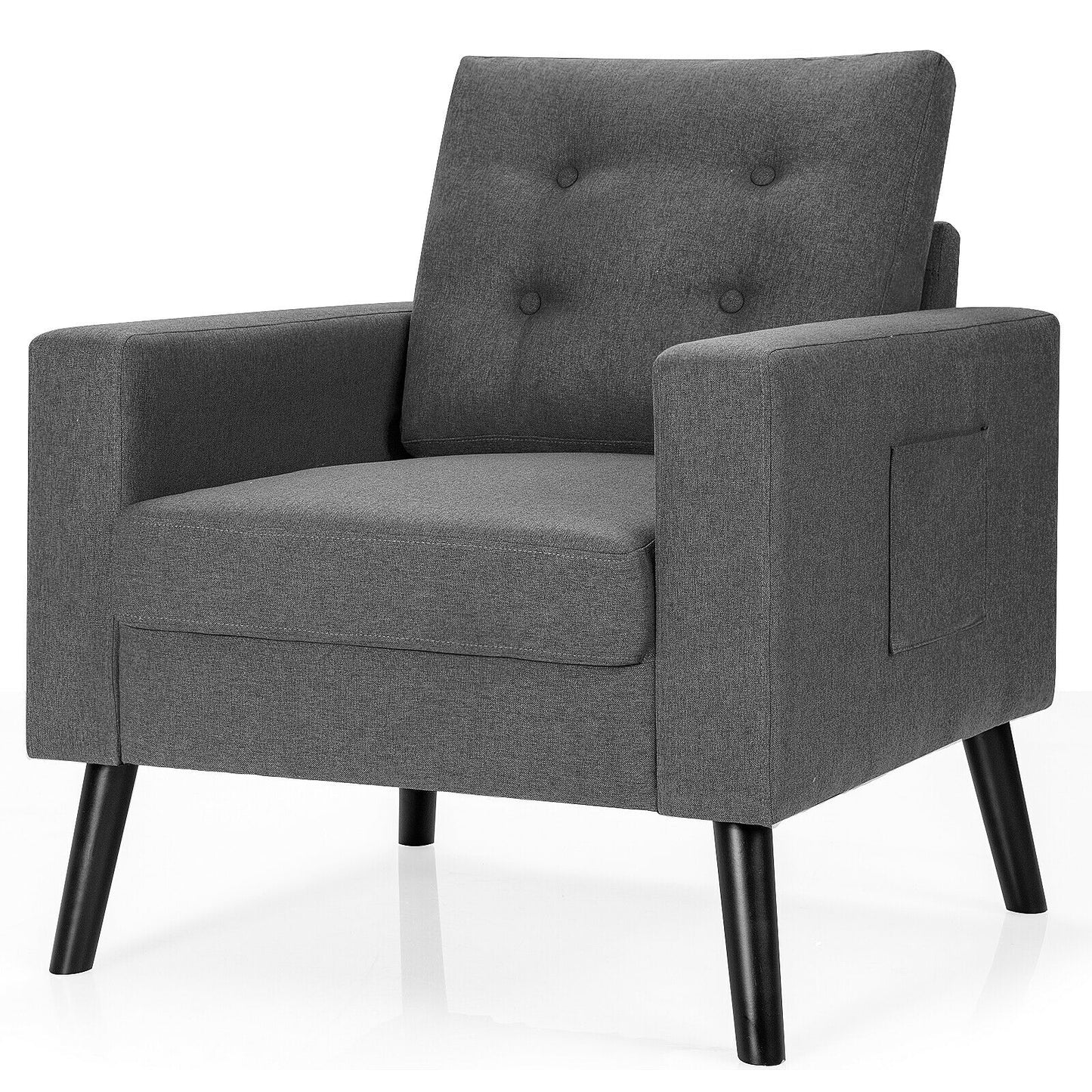 Mid Century Fabric Armchair with Button Tufted Back and Wood Legs Grey