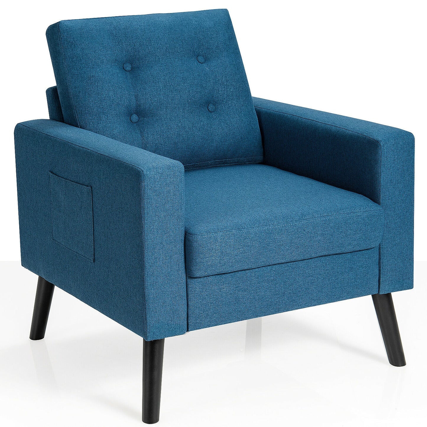 Mid Century Fabric Armchair with Button Tufted Back and Wood Legs Blue