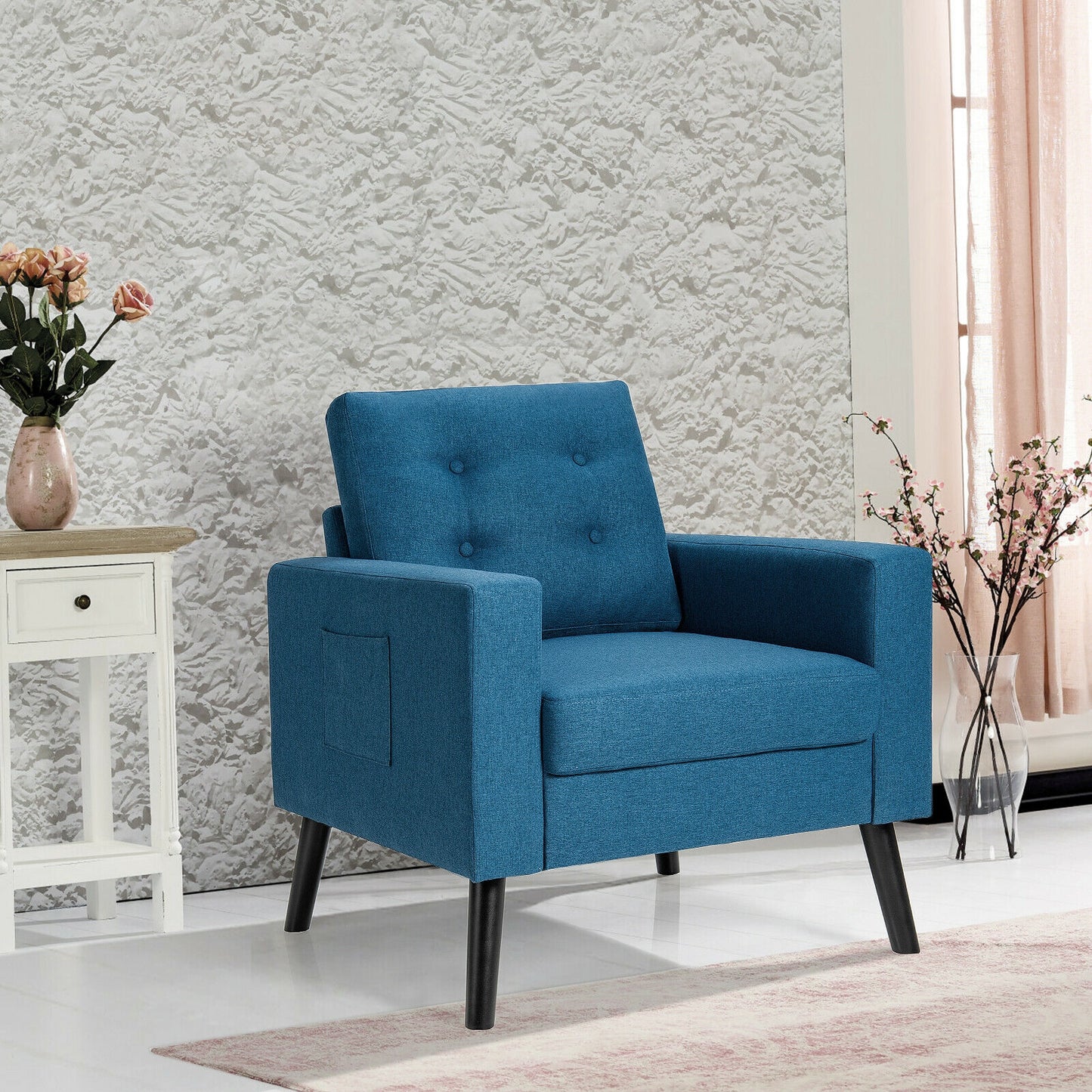 Mid Century Fabric Armchair with Button Tufted Back and Wood Legs Blue