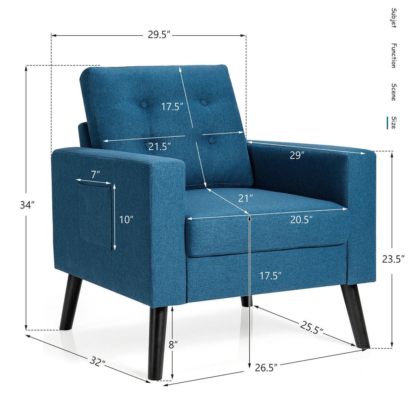 Mid Century Fabric Armchair with Button Tufted Back and Wood Legs Blue