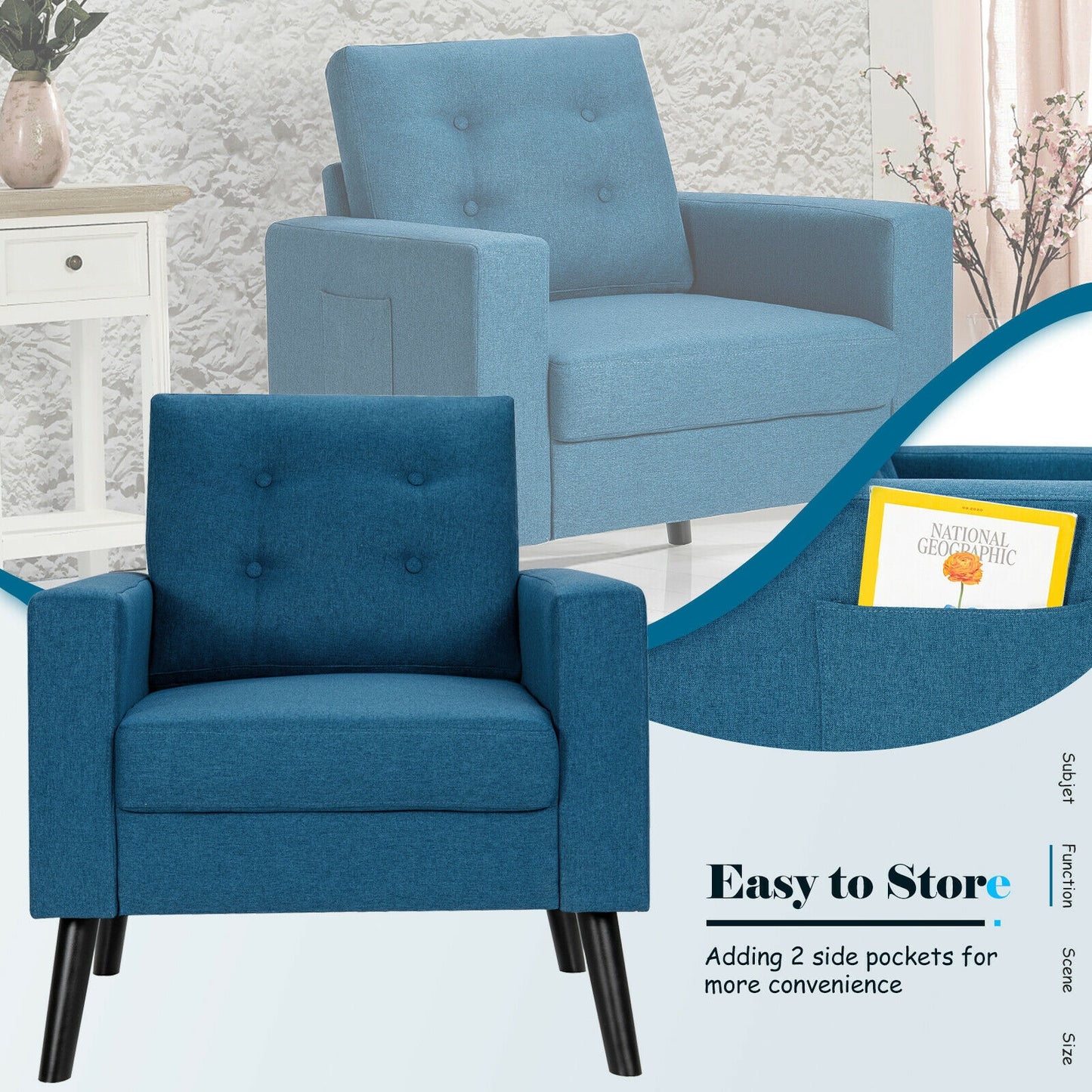 Mid Century Fabric Armchair with Button Tufted Back and Wood Legs Blue