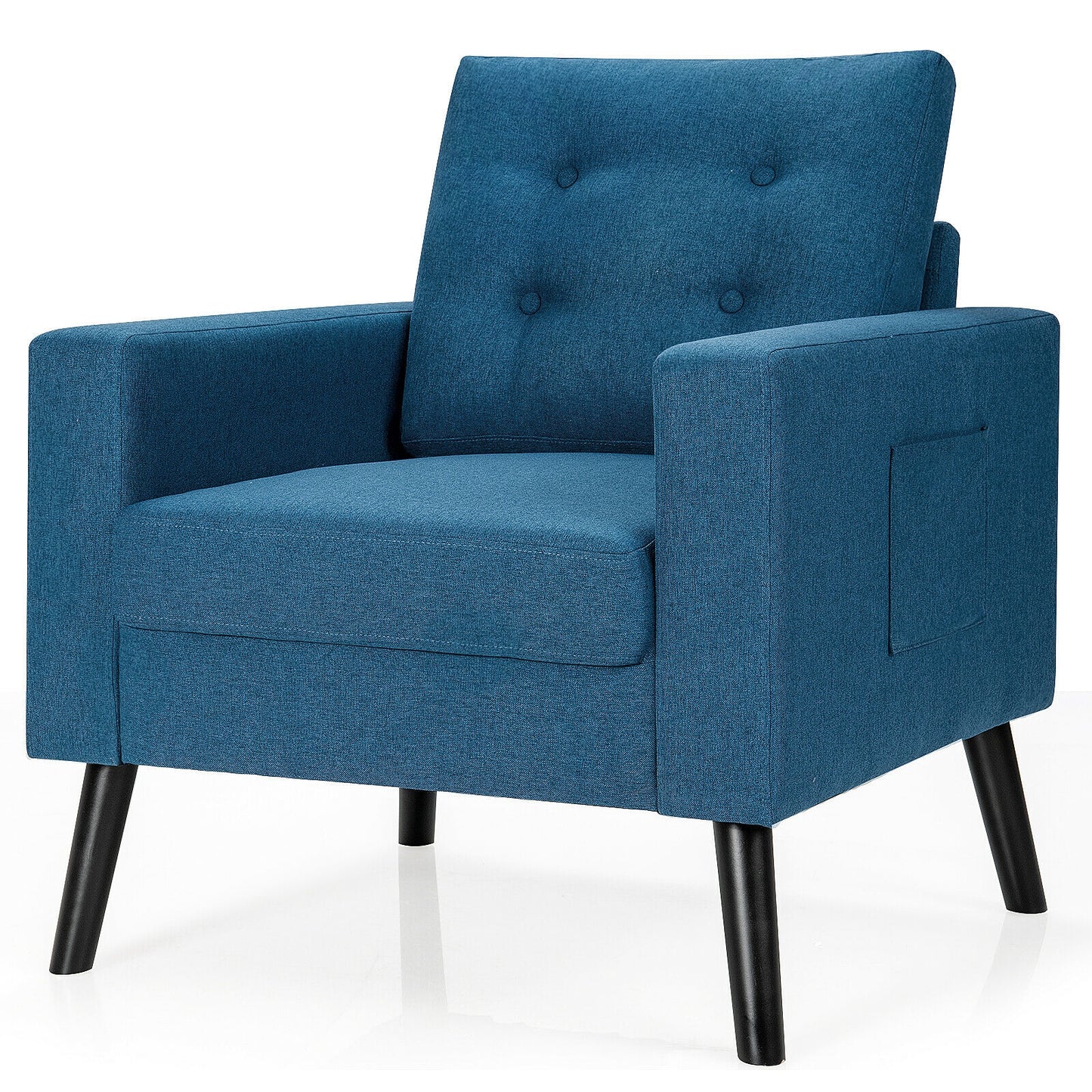 Mid Century Fabric Armchair with Button Tufted Back and Wood Legs Blue