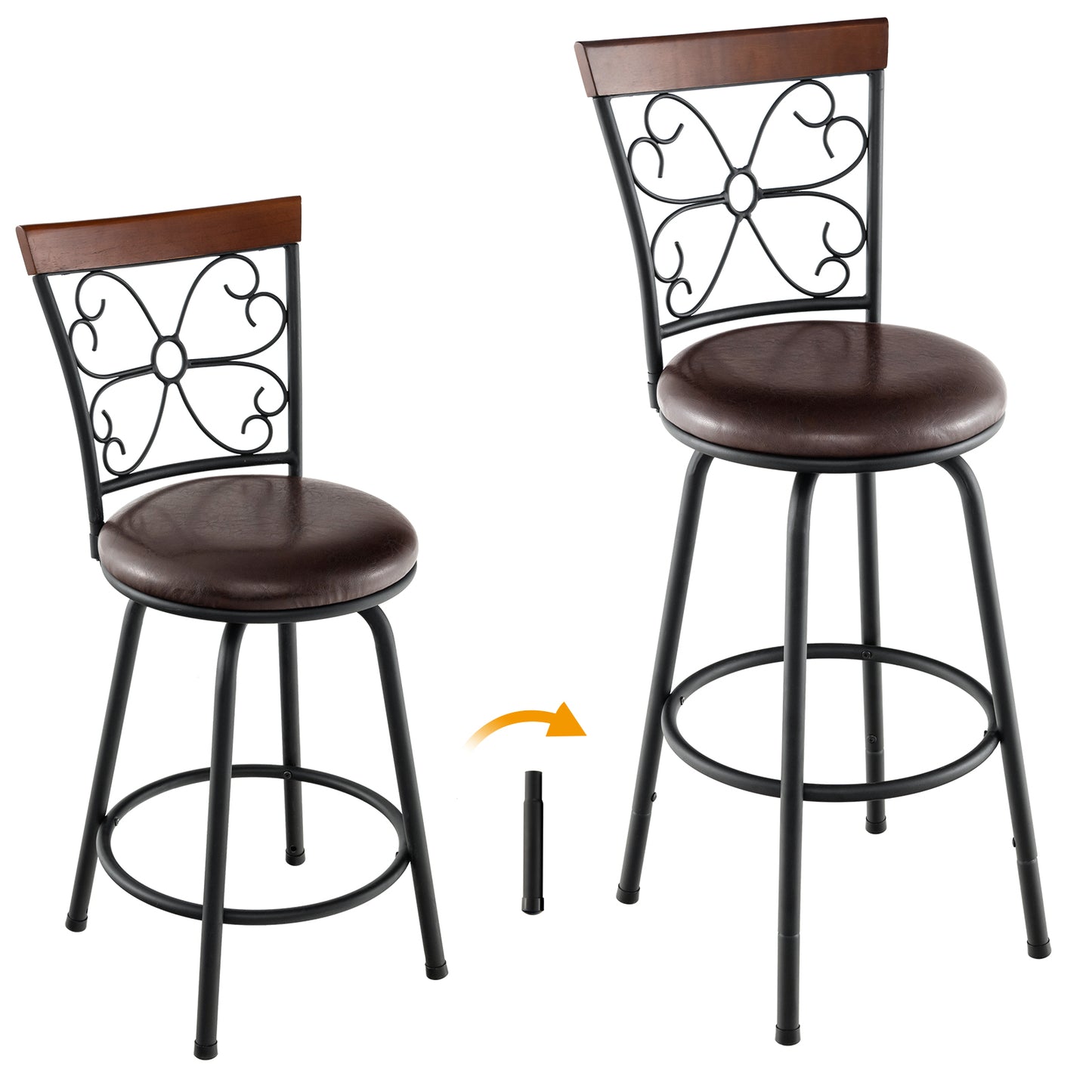 PU Leather Adjustable Barstools with 360 Degree Swivel and Footrest, Set of 2, 24 to 30 Inch