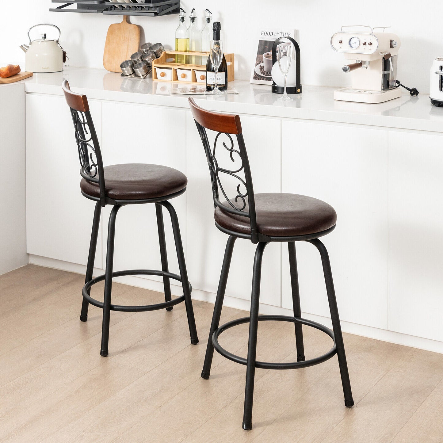 PU Leather Adjustable Barstools with 360 Degree Swivel and Footrest, Set of 2, 24 to 30 Inch