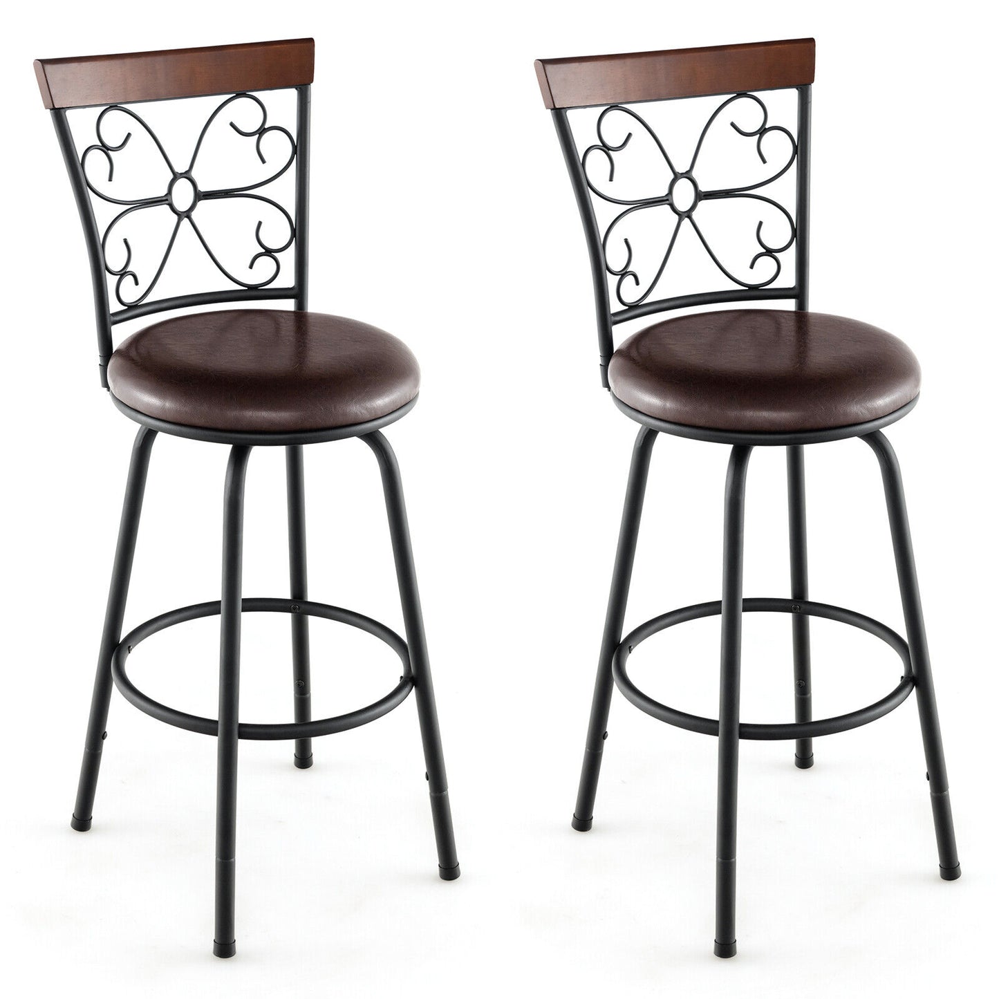 PU Leather Adjustable Barstools with 360 Degree Swivel and Footrest, Set of 2, 24 to 30 Inch