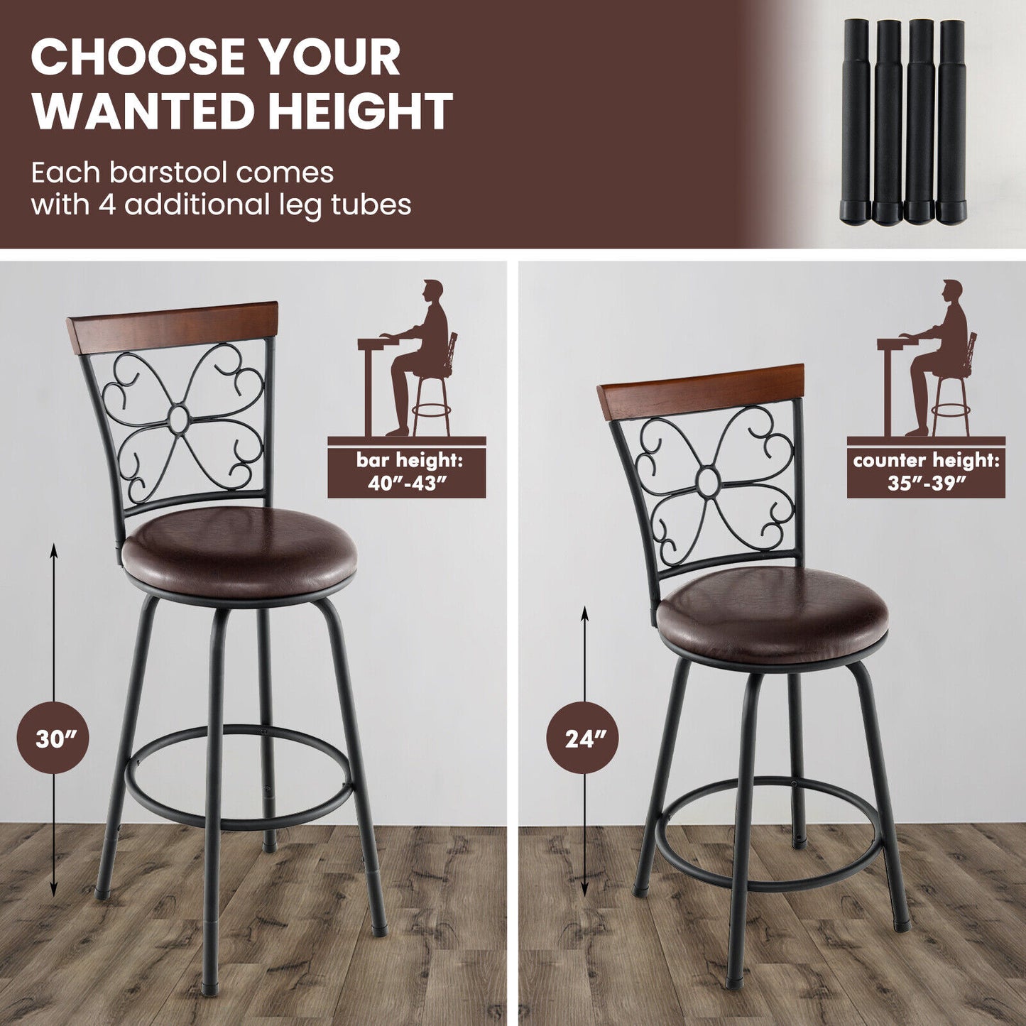 PU Leather Adjustable Barstools with 360 Degree Swivel and Footrest, Set of 2, 24 to 30 Inch