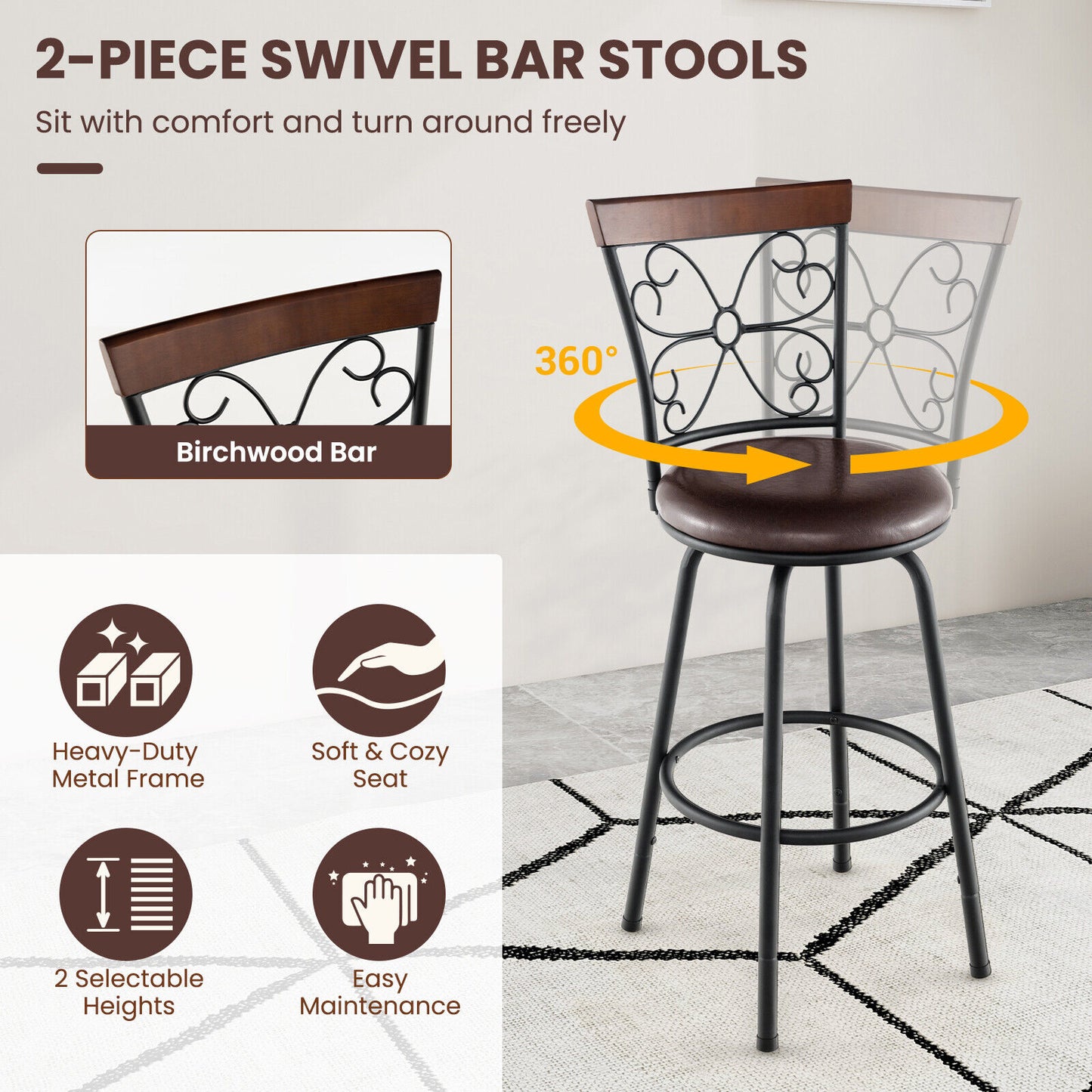 PU Leather Adjustable Barstools with 360 Degree Swivel and Footrest, Set of 2, 24 to 30 Inch