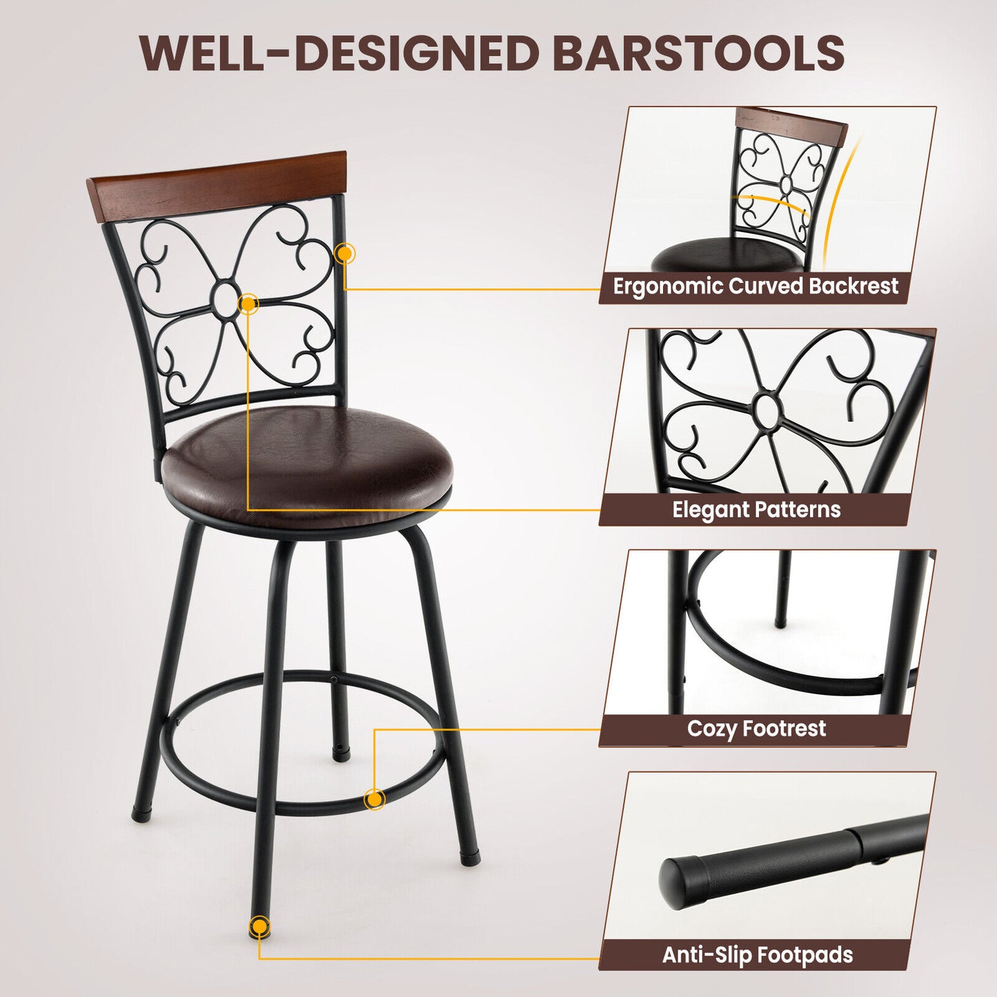 PU Leather Adjustable Barstools with 360 Degree Swivel and Footrest, Set of 2, 24 to 30 Inch