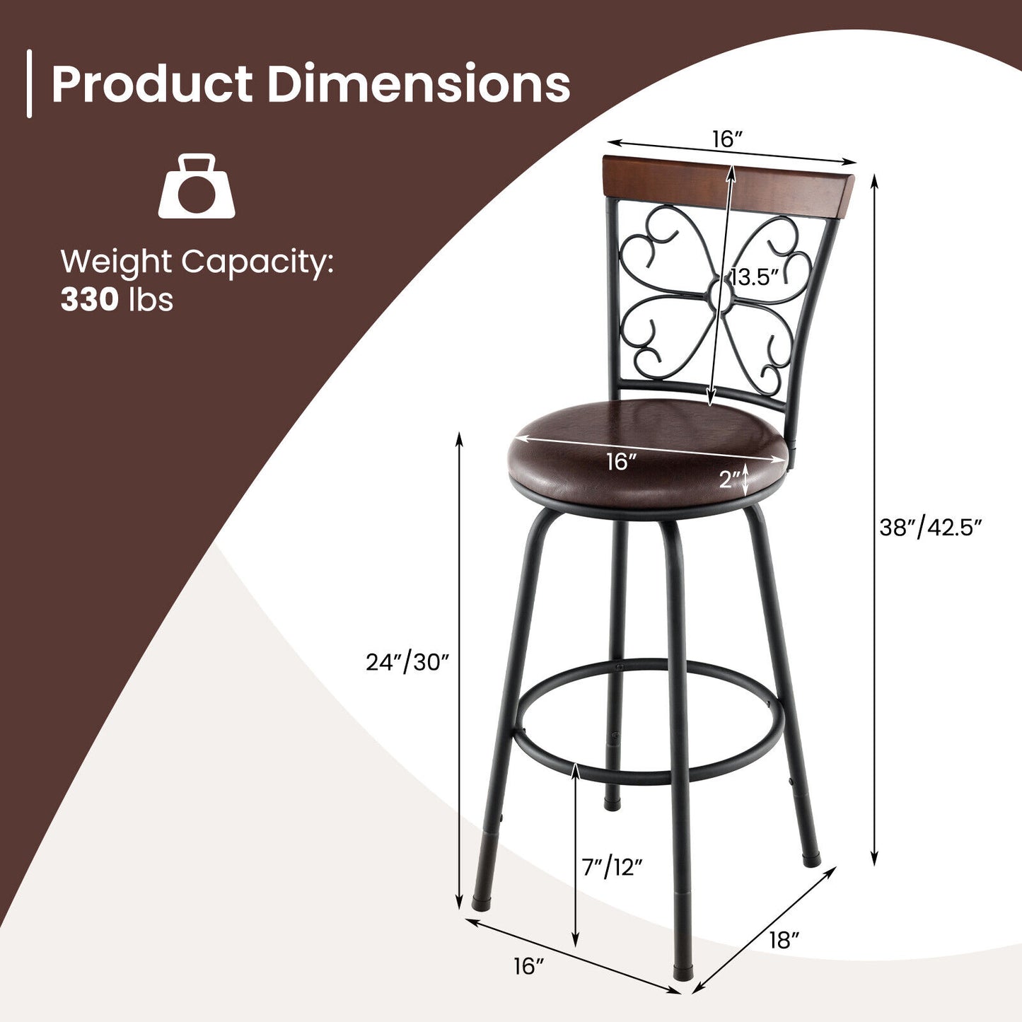PU Leather Adjustable Barstools with 360 Degree Swivel and Footrest, Set of 2, 24 to 30 Inch