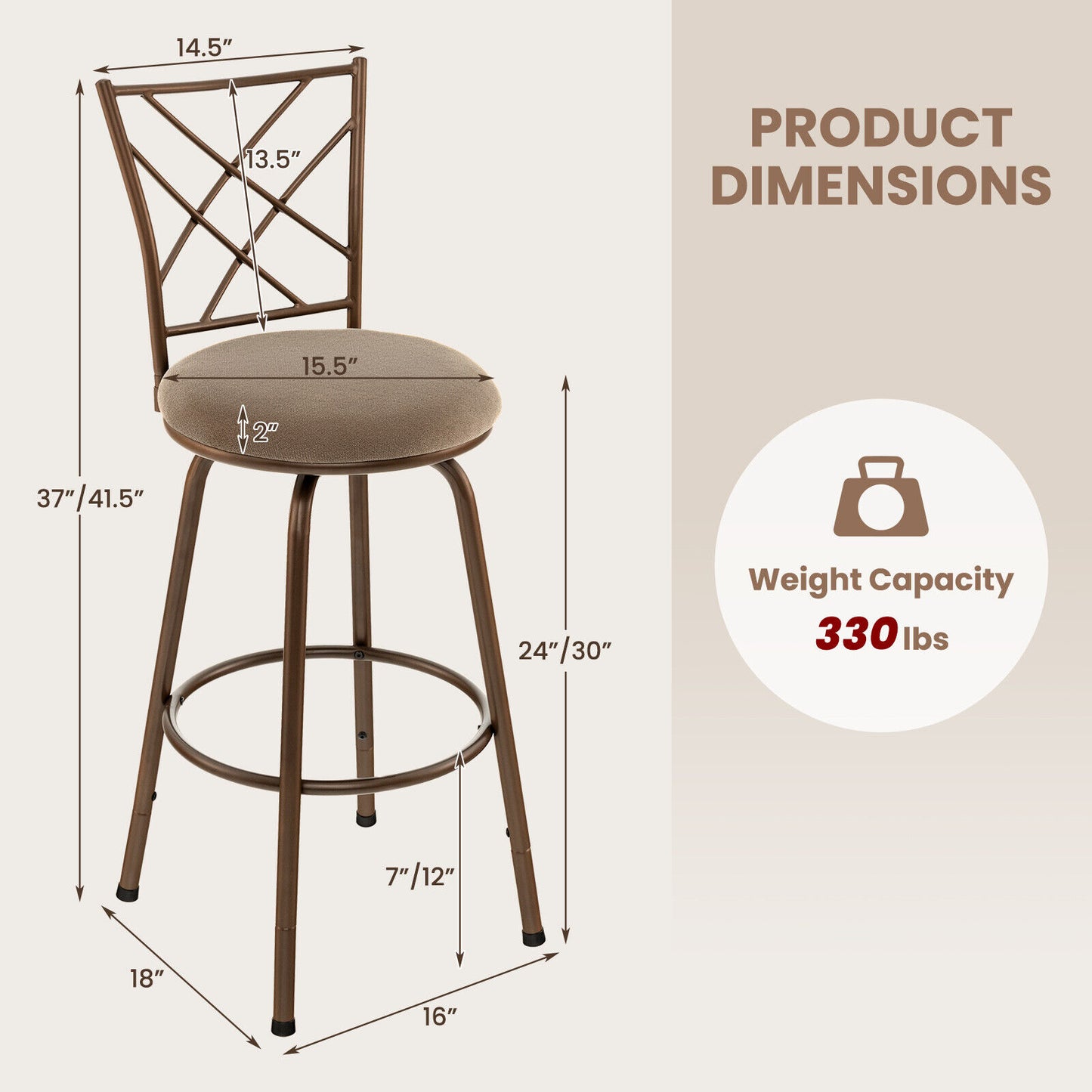 2 Piece Bar Stool Set with 360 Degree Swivel and Plush Upholstered Seats