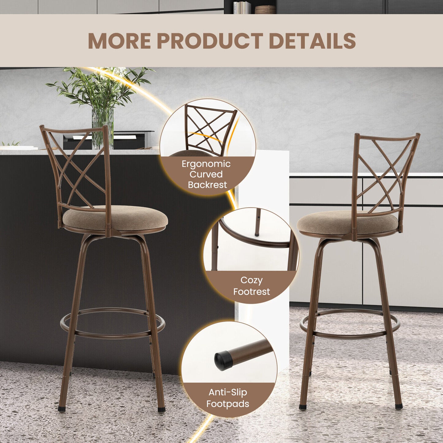 2 Piece Bar Stool Set with 360 Degree Swivel and Plush Upholstered Seats