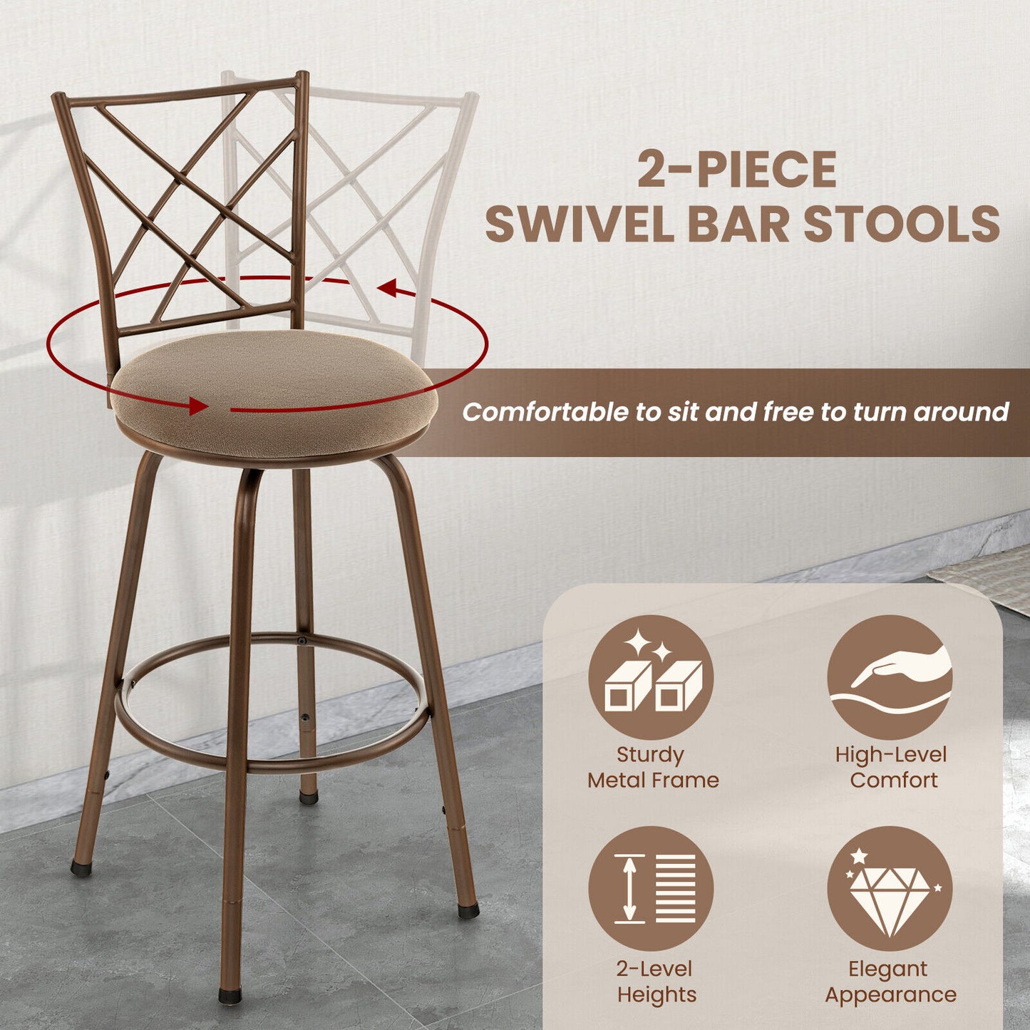 2 Piece Bar Stool Set with 360 Degree Swivel and Plush Upholstered Seats